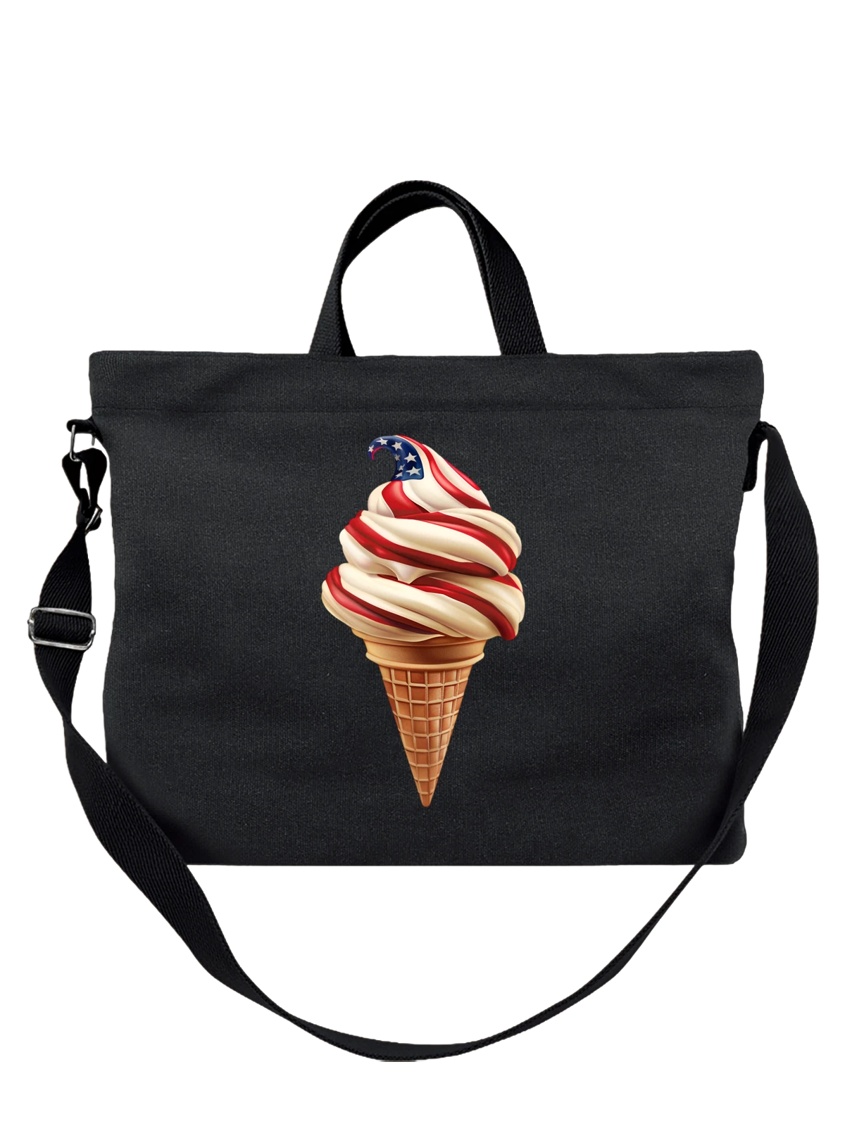 Сумка Мороженое в рожке с флагом США чёрная с принтом — patriotic dessert — Чёрная, фото 1