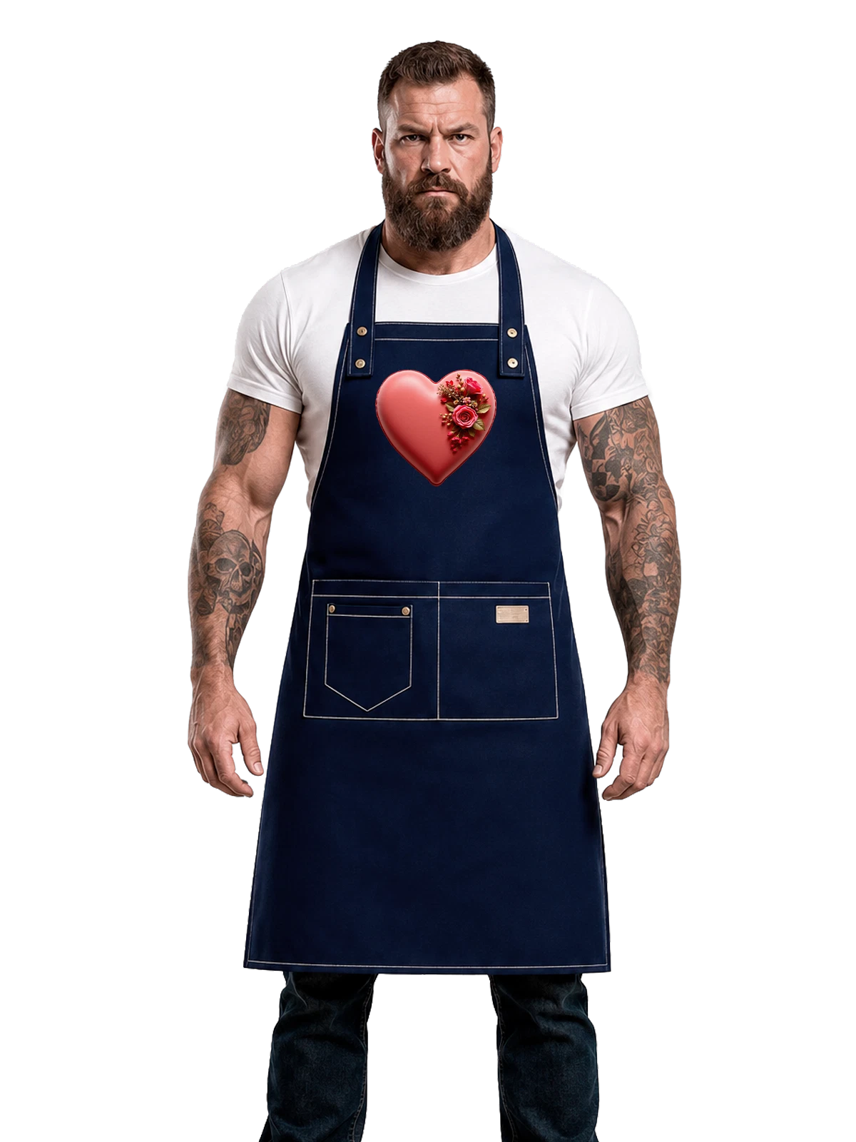 Фартук синий с принтом Красное сердце с букетом роз и бутонов — цветочная композиция — Синяя, фото 1