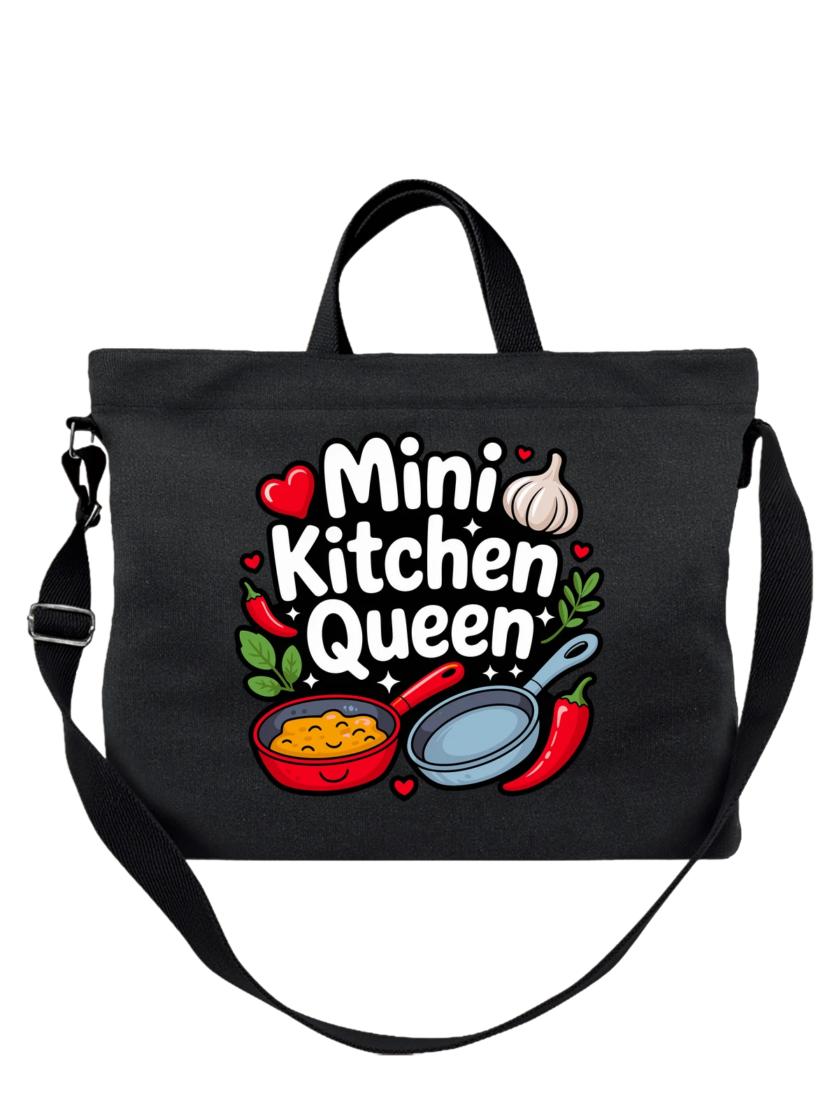 Сумка чёрная с принтом Mini Kitchen Queen с кухонными символами — кастрюля — Чёрная, фото 1