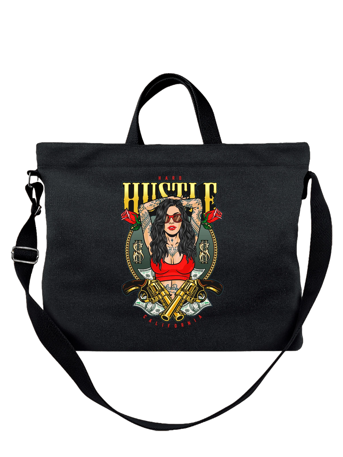 Сумка Девушка розы hard hustle California чёрная с принтом — флористика — Чёрная, фото 1