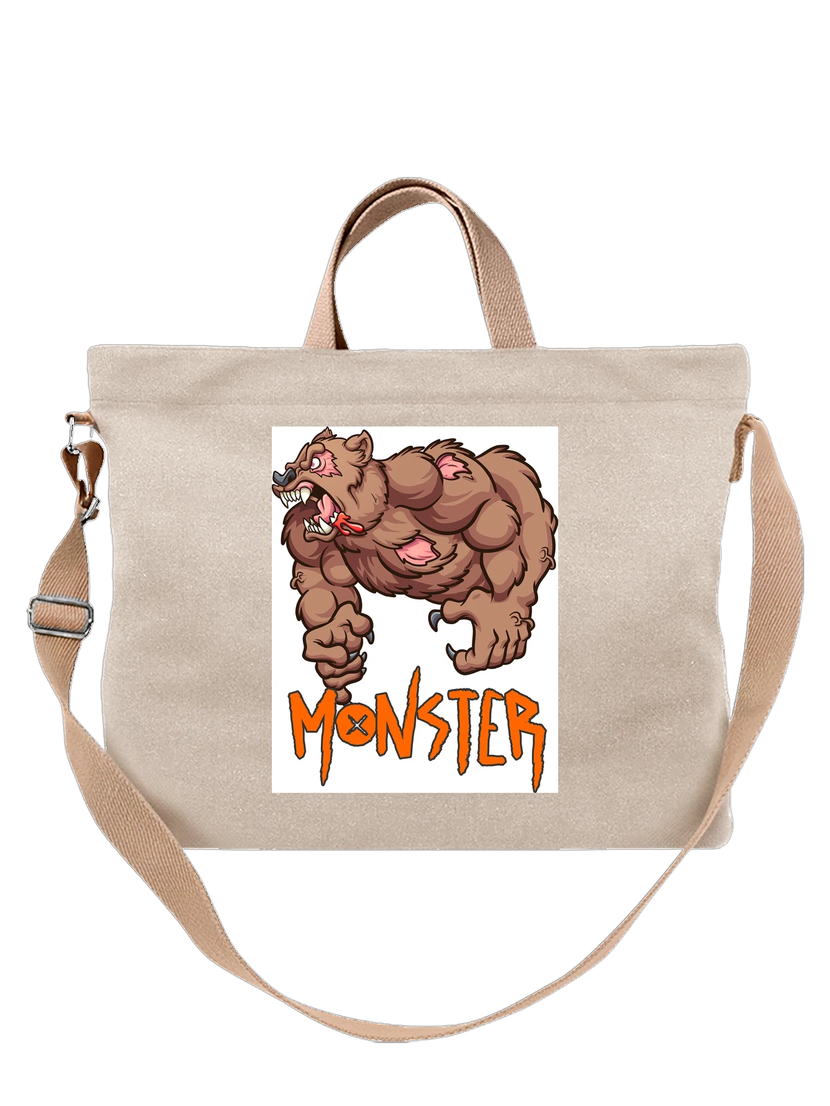 Сумка бежевая с принтом Монстр медведь с клыками и когтями MONSTER — страшный медведь — Бежевая, фото 1