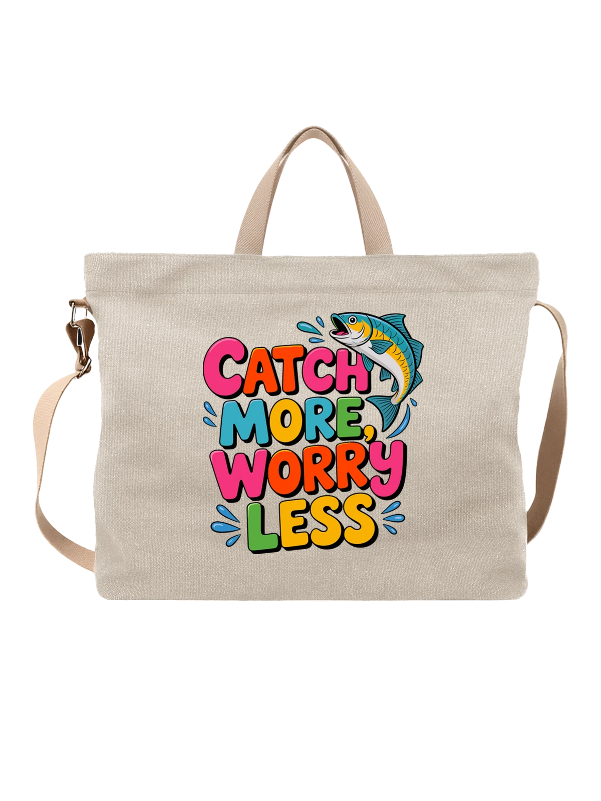 Сумка бежевая с принтом с форелью и надписью Catch More Worry Less — рыболов — Бежевая, фото 1