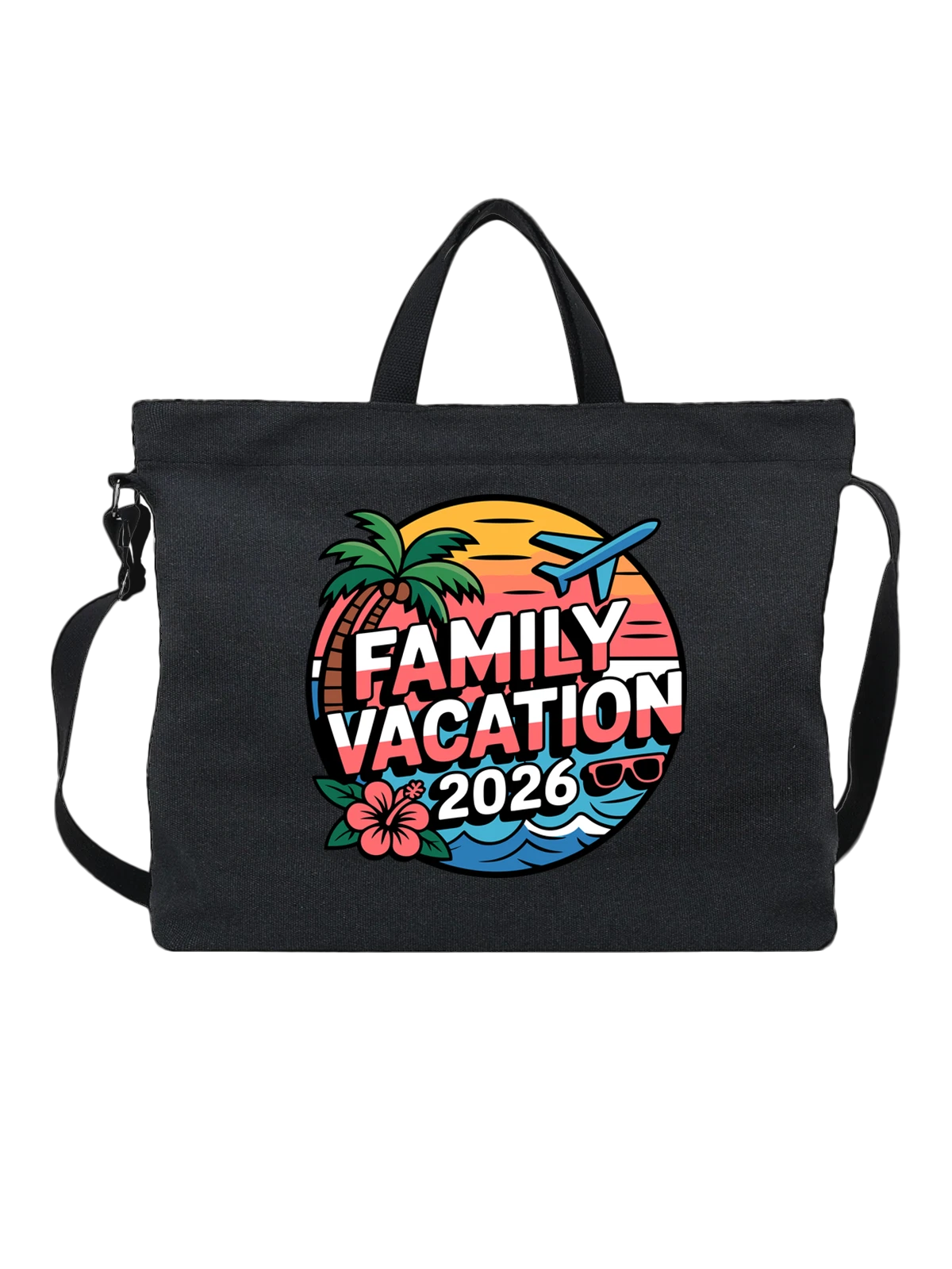 Сумка чёрная с принтом Family Vacation с пальмой и самолетом — море — Чёрная, фото 1