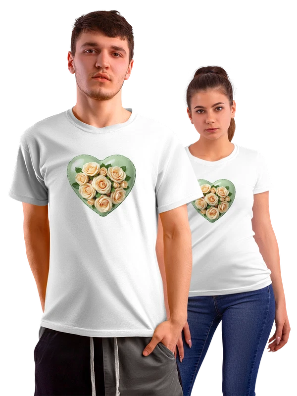 Футболка cream roses кремовых роз в сердце с листьями — Белая, фото 1
