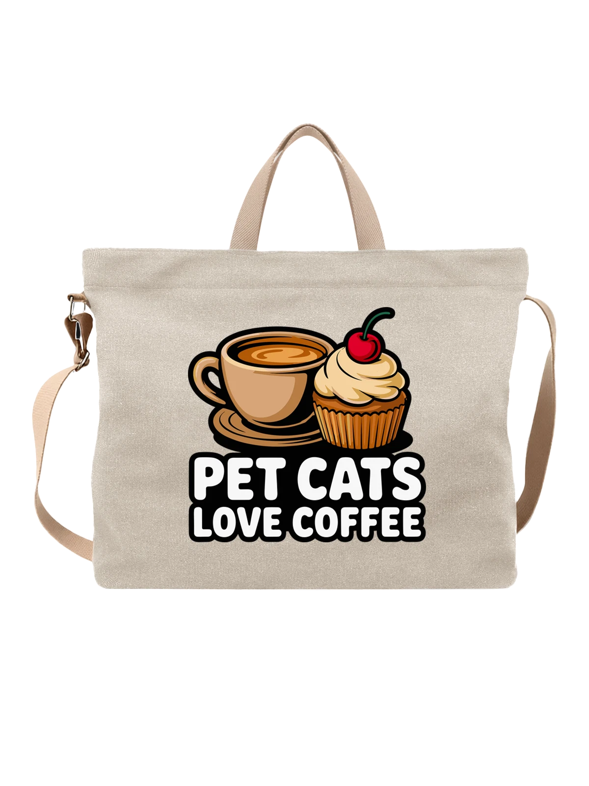 Сумка бежевая с принтом Коты и кофе с кексом PET CATS LOVE COFFEE — кекс с кремом — Бежевая, фото 1