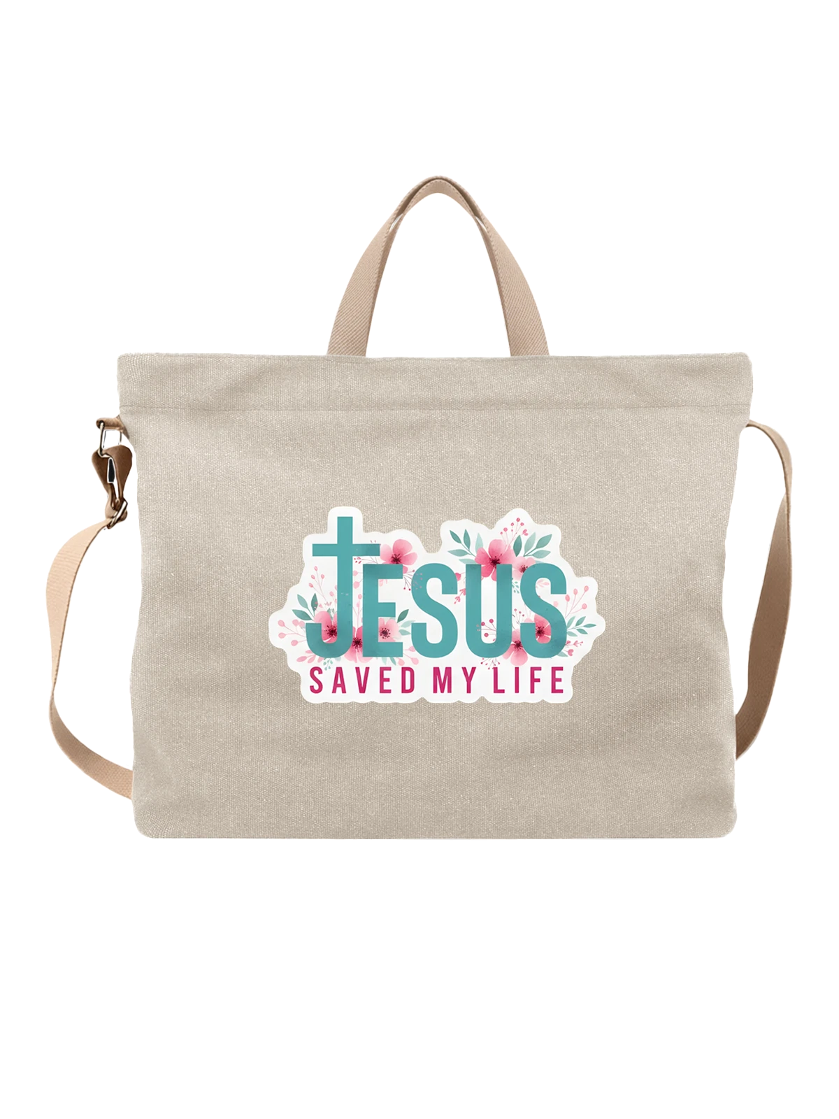 Сумка бежевая с принтом JESUS Saved My Life крест и цветы — Иисус Христос — Бежевая, фото 1