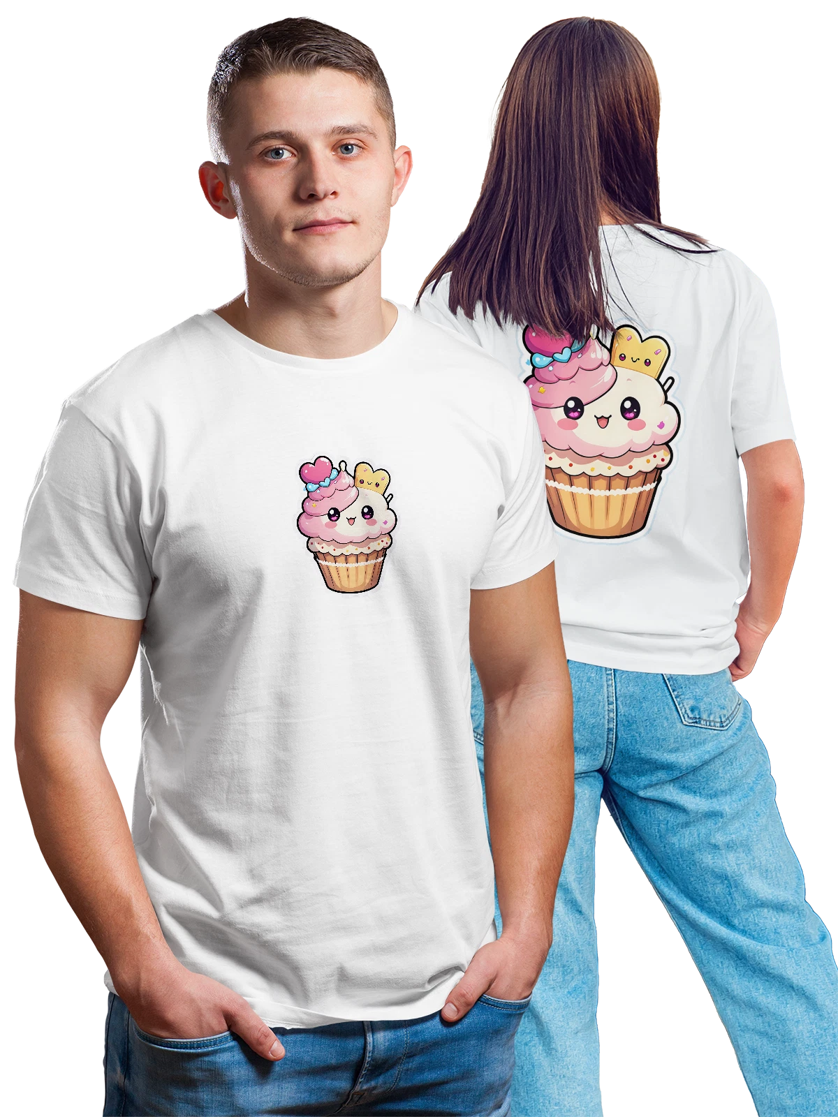 Футболка Милый кекс с сердечком и улыбкой белая с принтом на спине — kawaii — Белая, фото 1