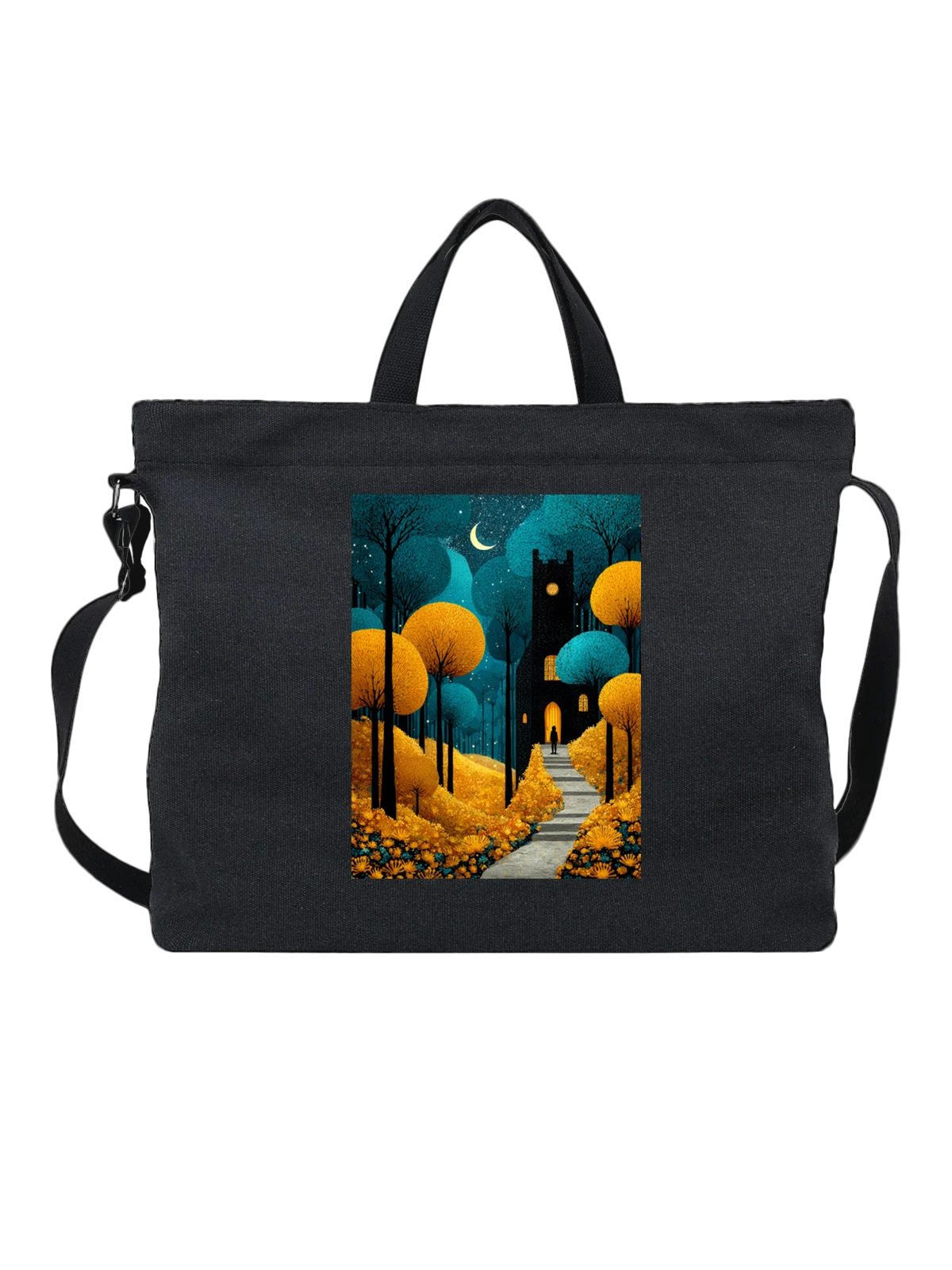 Сумка чёрная с принтом Ночной лес с замком и луной — сказочный лес — Чёрная, фото 1