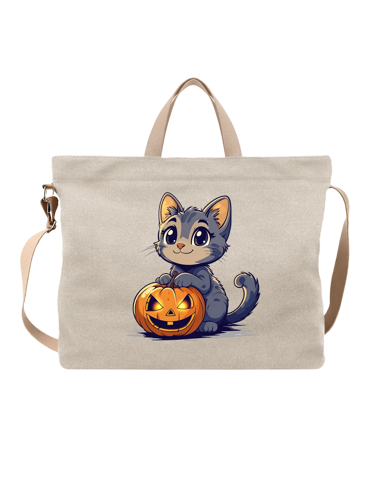 Сумка бежевая с принтом Gray kitten с тыквой на Хэллоуин в стиле чиби — jack-o-lantern — Бежевая, фото 1
