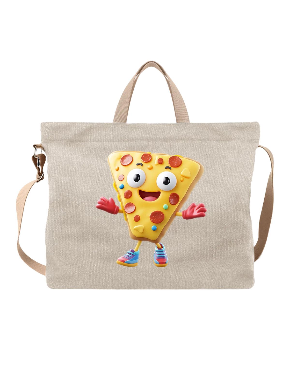 Сумка бежевая с принтом Веселый кусок пиццы с перчатками и кедами — mascot food — Бежевая, фото 1