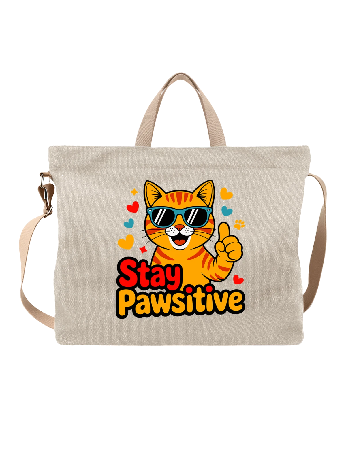 Сумка бежевая с принтом Кот в очках и жестом окей Stay Pawsitive — мультяшный кот — Бежевая, фото 1