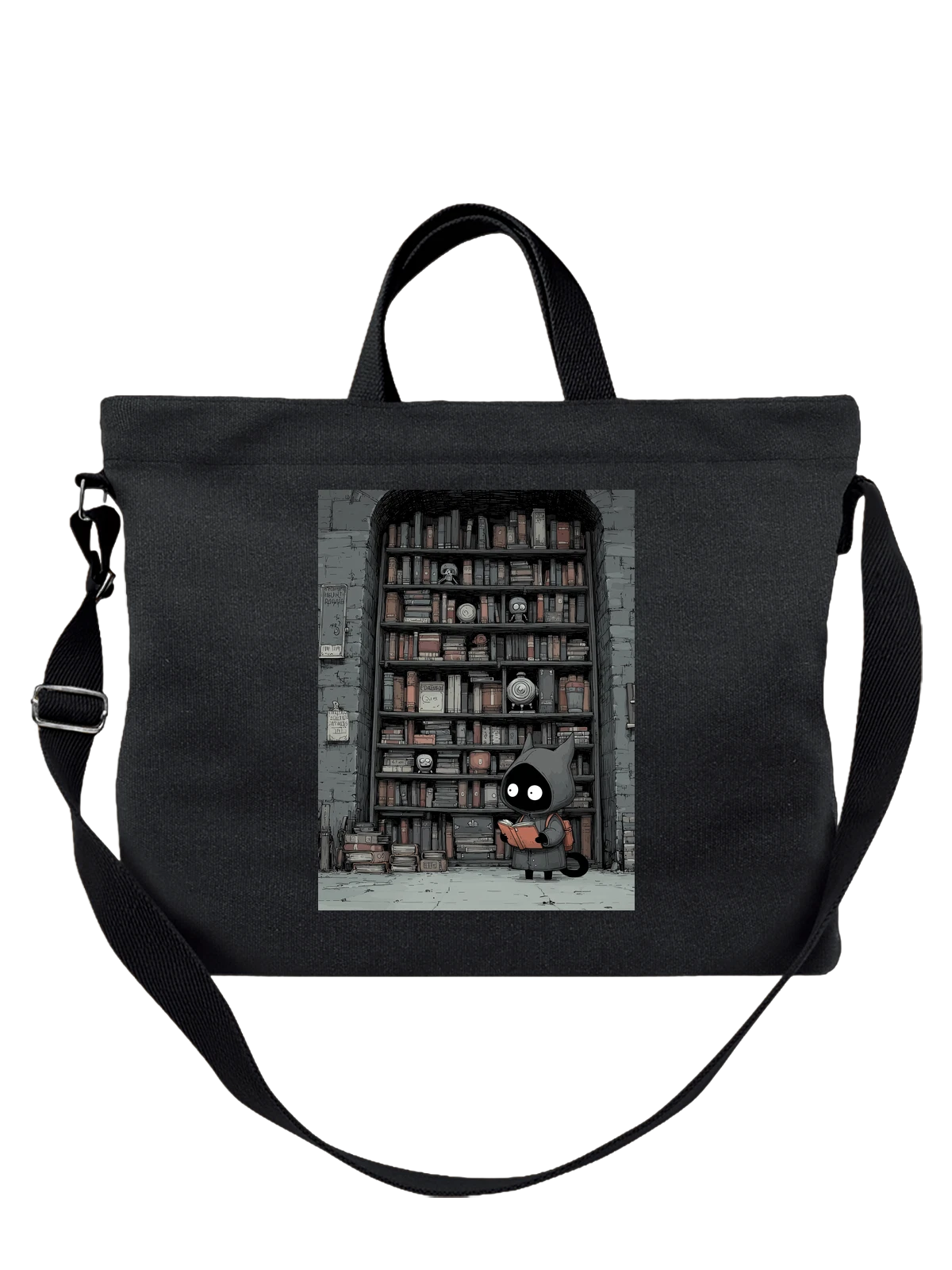Сумка чёрная с принтом кот в капюшоне с книгой и рюкзаком — backpack — Чёрная, фото 1