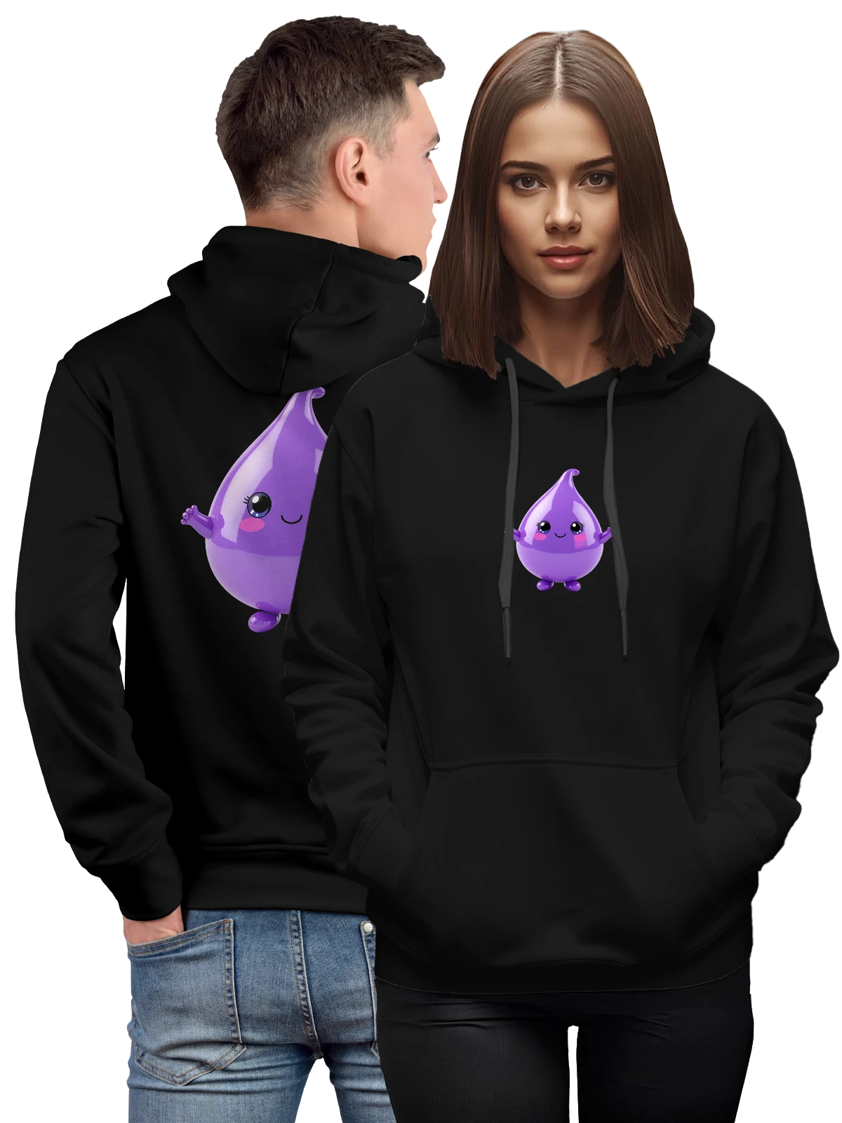 Худи Фиолетовая капля с милым лицом и руками чёрное с принтом — kawaii — Чёрная, фото 1