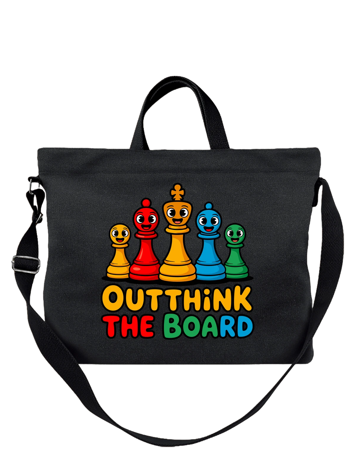 Сумка чёрная с принтом Шахматные фигуры с надписью Outthink The Board — ферзь — Чёрная, фото 1