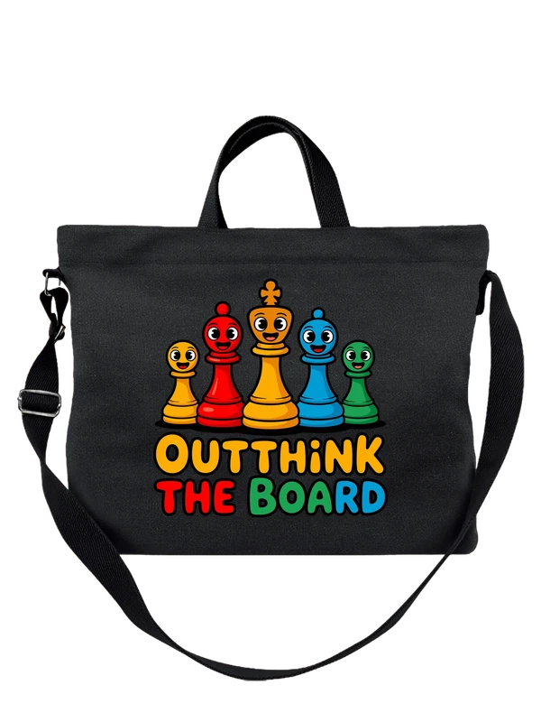 Сумка чёрная с принтом Шахматные фигуры с надписью Outthink The Board — Чёрная, фото 1