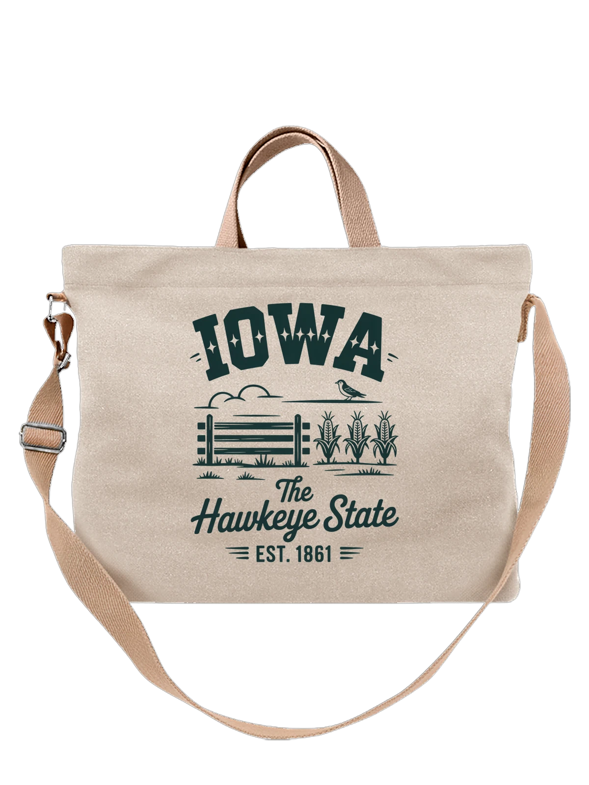 Сумка бежевая с принтом Iowa с птицей и надписью The Hawkeye State — винтажный стиль — Бежевая, фото 1