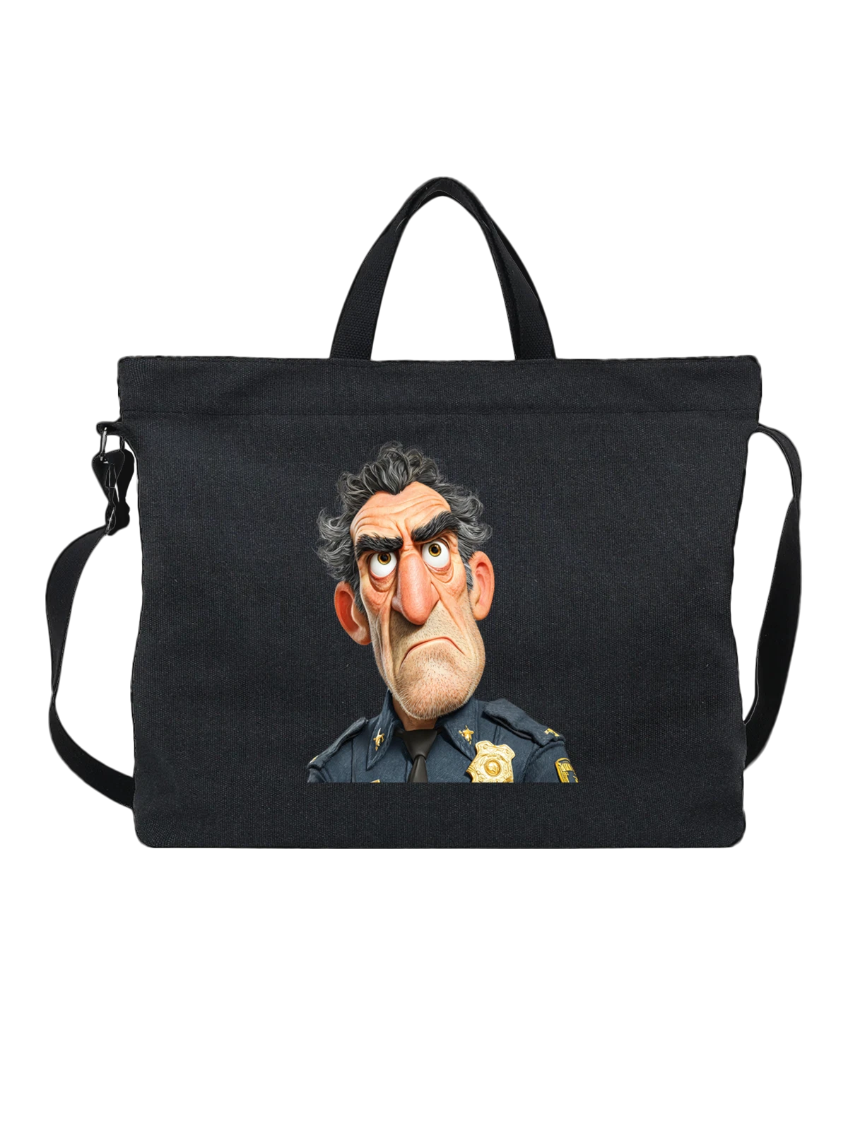 Сумка чёрная с принтом Суровый полицейский карикатурный портрет — золотой badge — Чёрная, фото 1