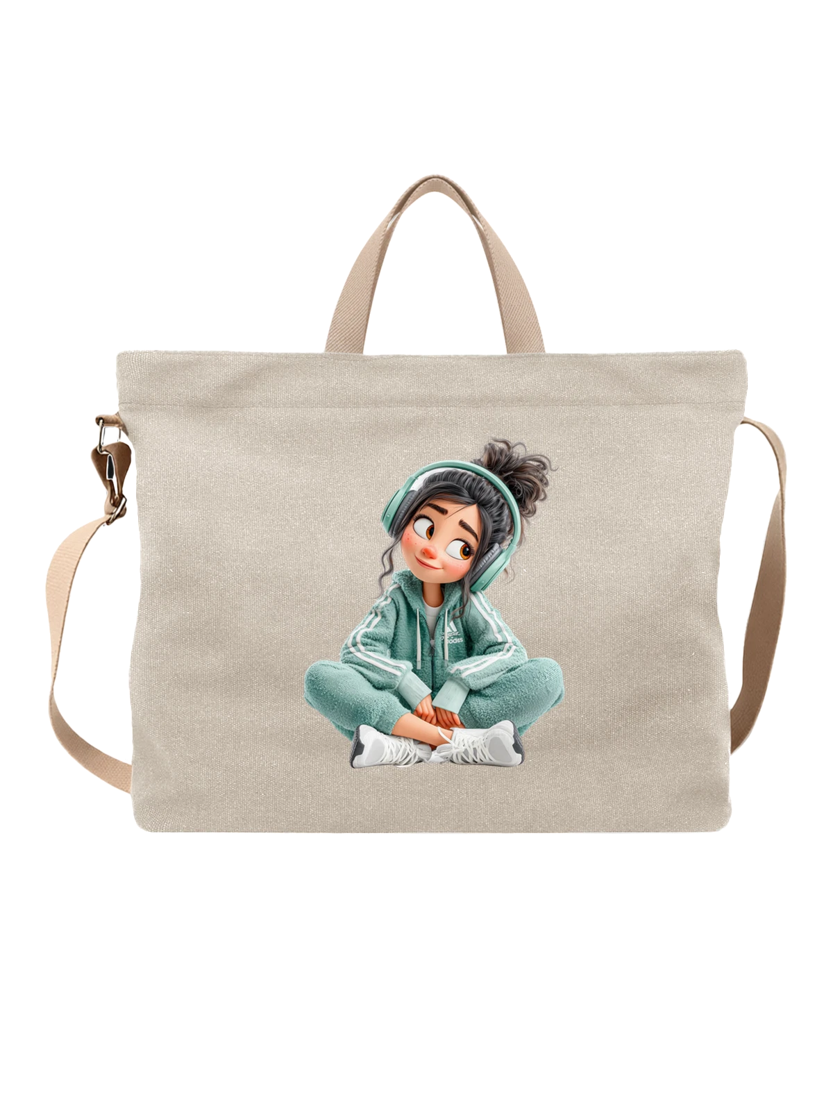 Сумка бежевая с принтом Cartoon girl в наушниках и зелёном костюме — tracksuit — Бежевая, фото 1