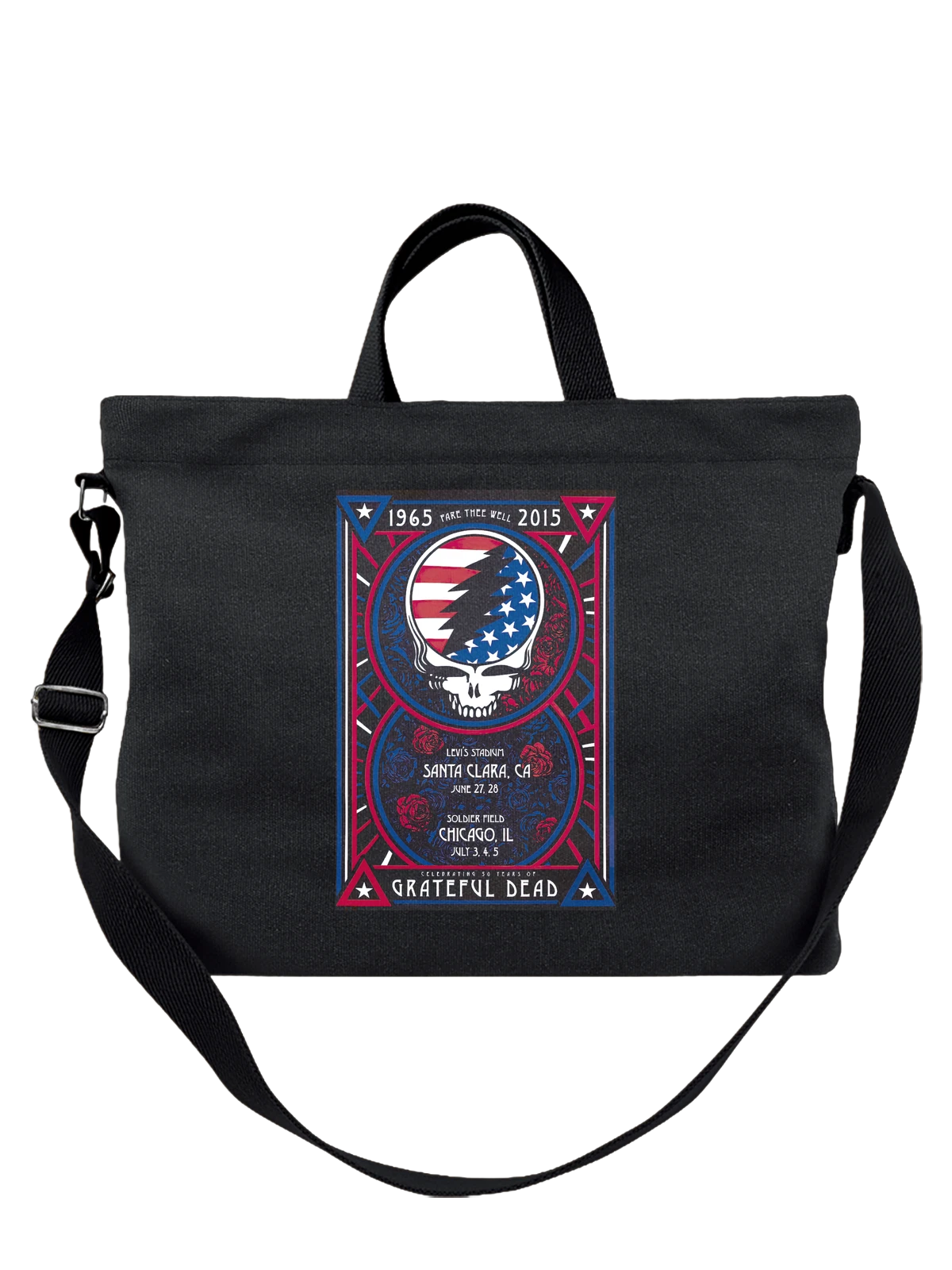 Сумка Grateful Dead череп с флагом США и розами чёрная с принтом — розы — Чёрная, фото 1