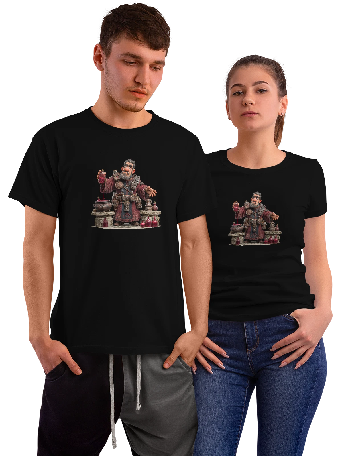 Футболка Волшебник с зельем и магическими флаконами чёрная с принтом — флакон — Чёрная, фото 1
