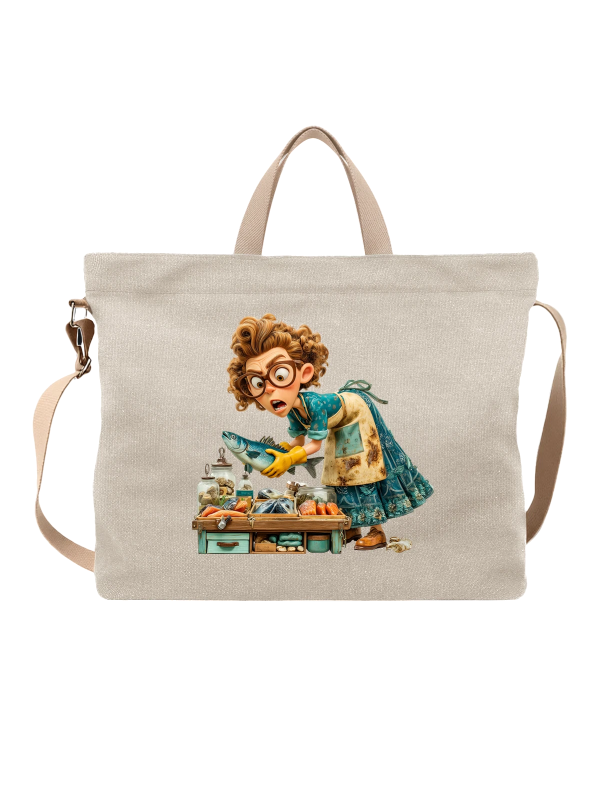 Сумка бежевая с принтом Девочка-продавщица у рыбного прилавка — перчатки — Бежевая, фото 1