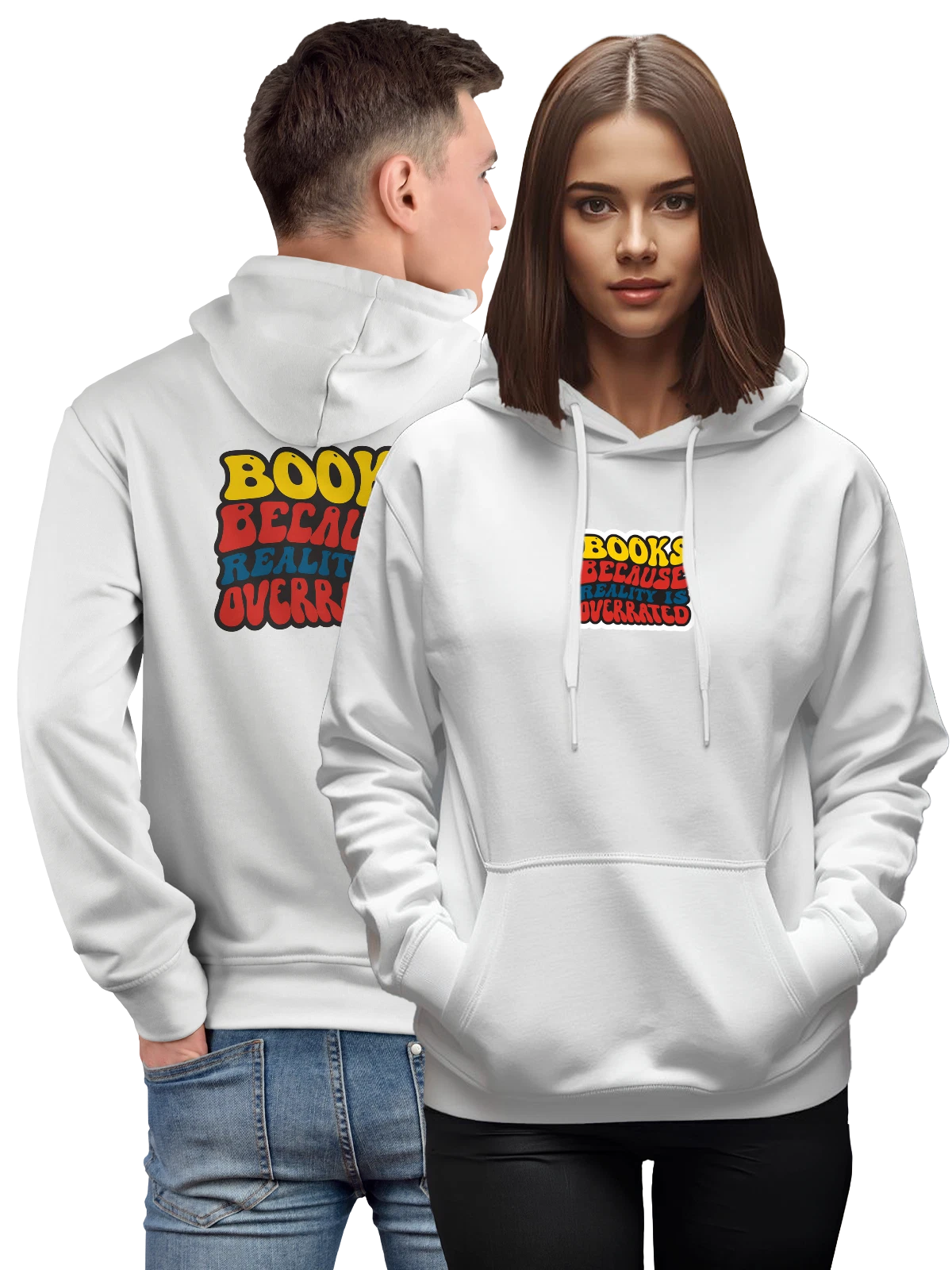 Худи с надписью Books Because Reality Is Overrated белое с принтом — текстовый принт — Белая, фото 1