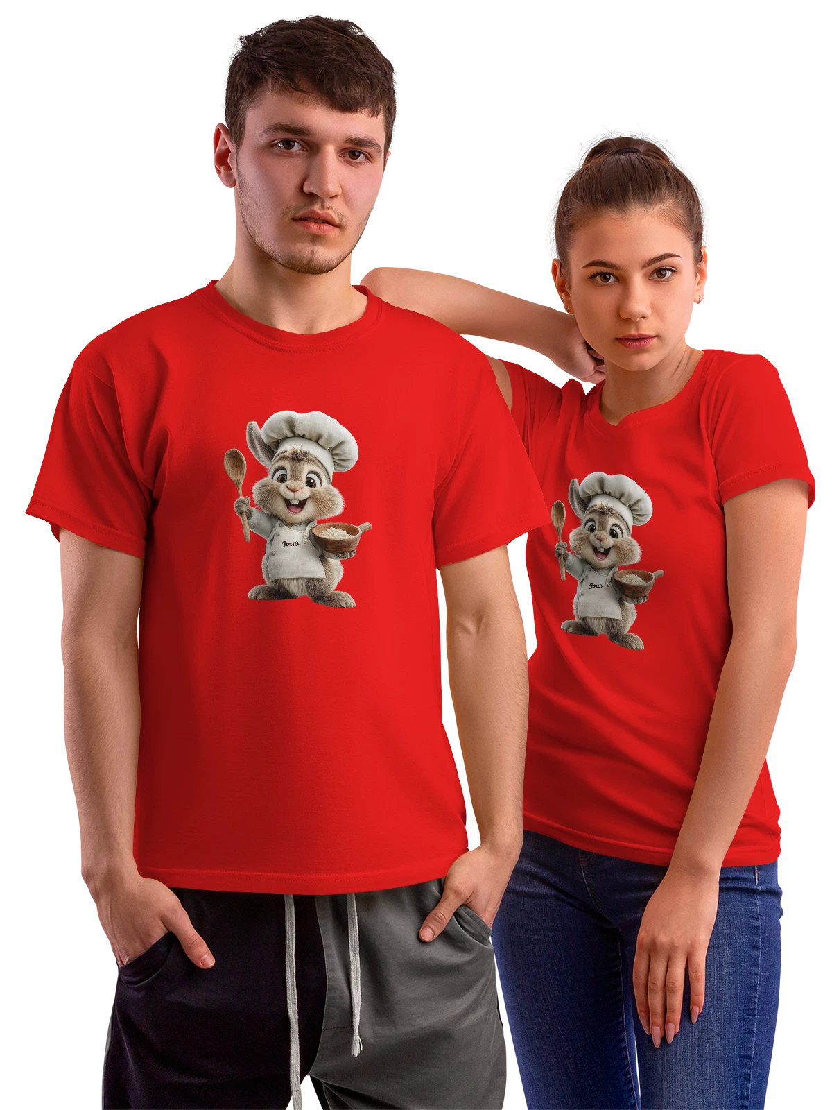 Футболка Кролик-шеф с ложкой и миской муки красная с принтом — деревянная ложка — Красная, фото 1