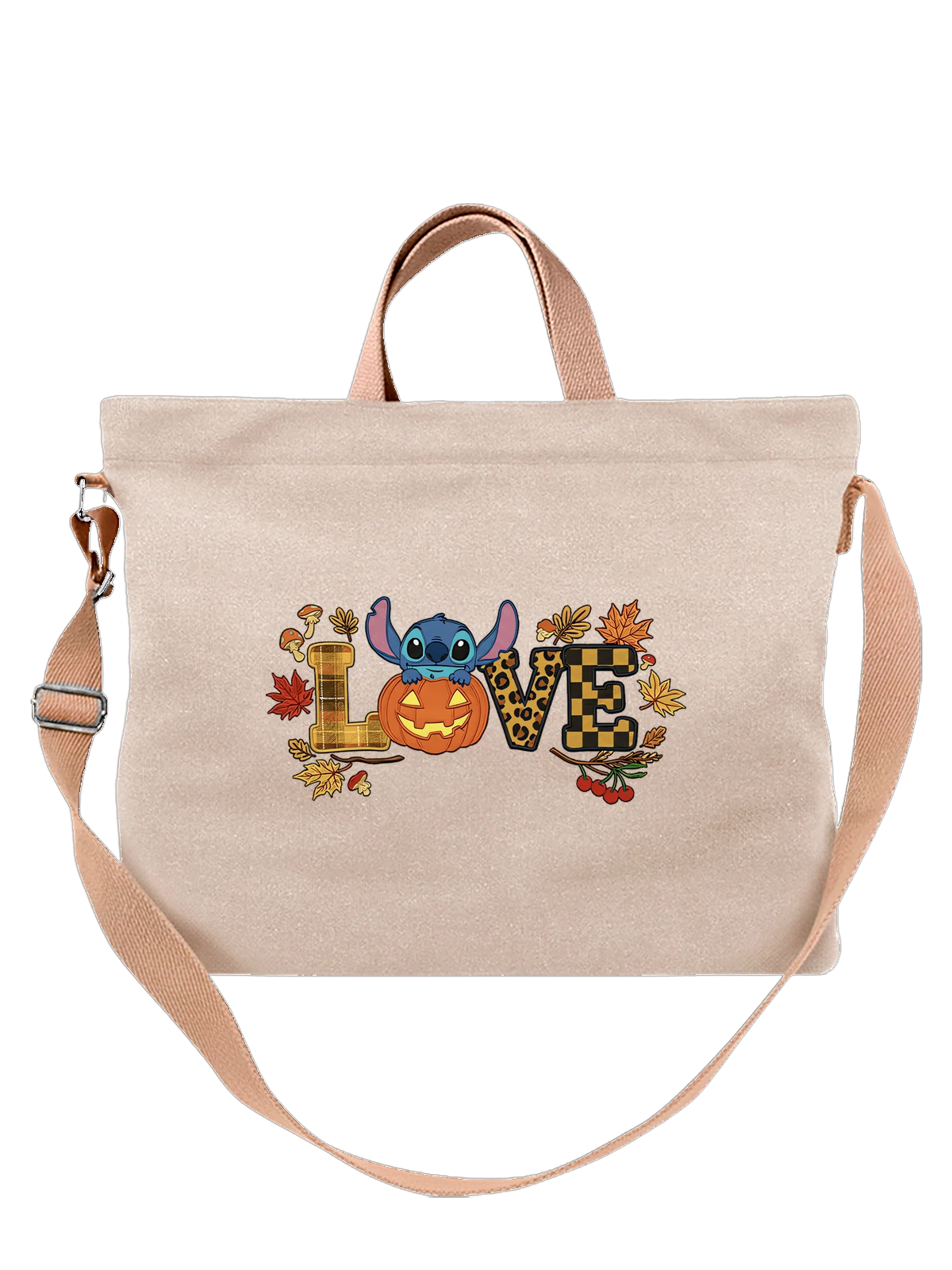 Сумка бежевая с принтом Стич Stitch мультфильм любовь осенний хэллоуин — тыква с улыбкой — Бежевая, фото 1