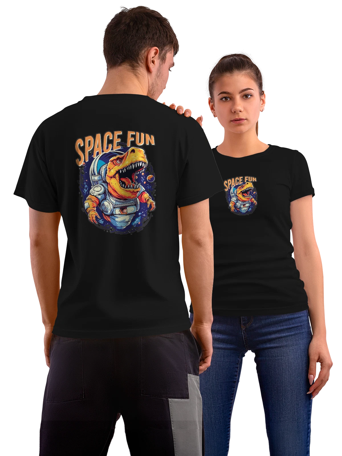 Футболка Динозавр космонавт space fun чёрная с принтом на спине — подарок любителю динозавров — Чёрная, фото 1