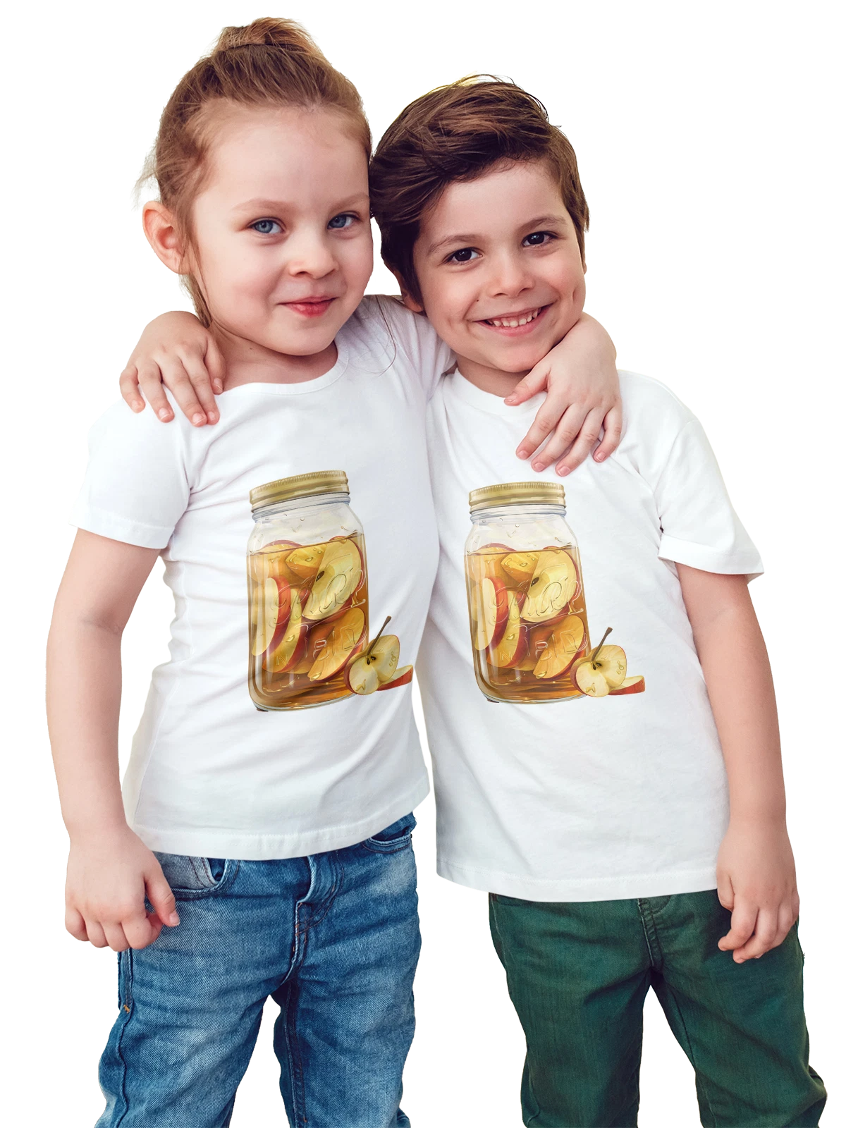 Футболка детская Банка с яблоками в меде и ложкой белая с принтом — фруктовый напиток — Белая, фото 1
