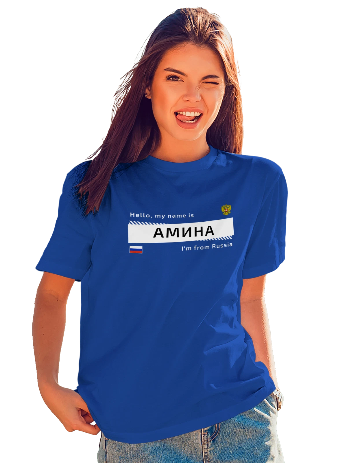 Футболка с именем Амина Россия синяя с принтом — надпись с именем — Синяя, фото 1