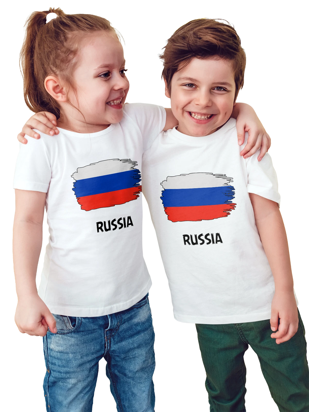 Футболка детская с флагом России Russia белая с принтом — патриотический принт — Белая, фото 1