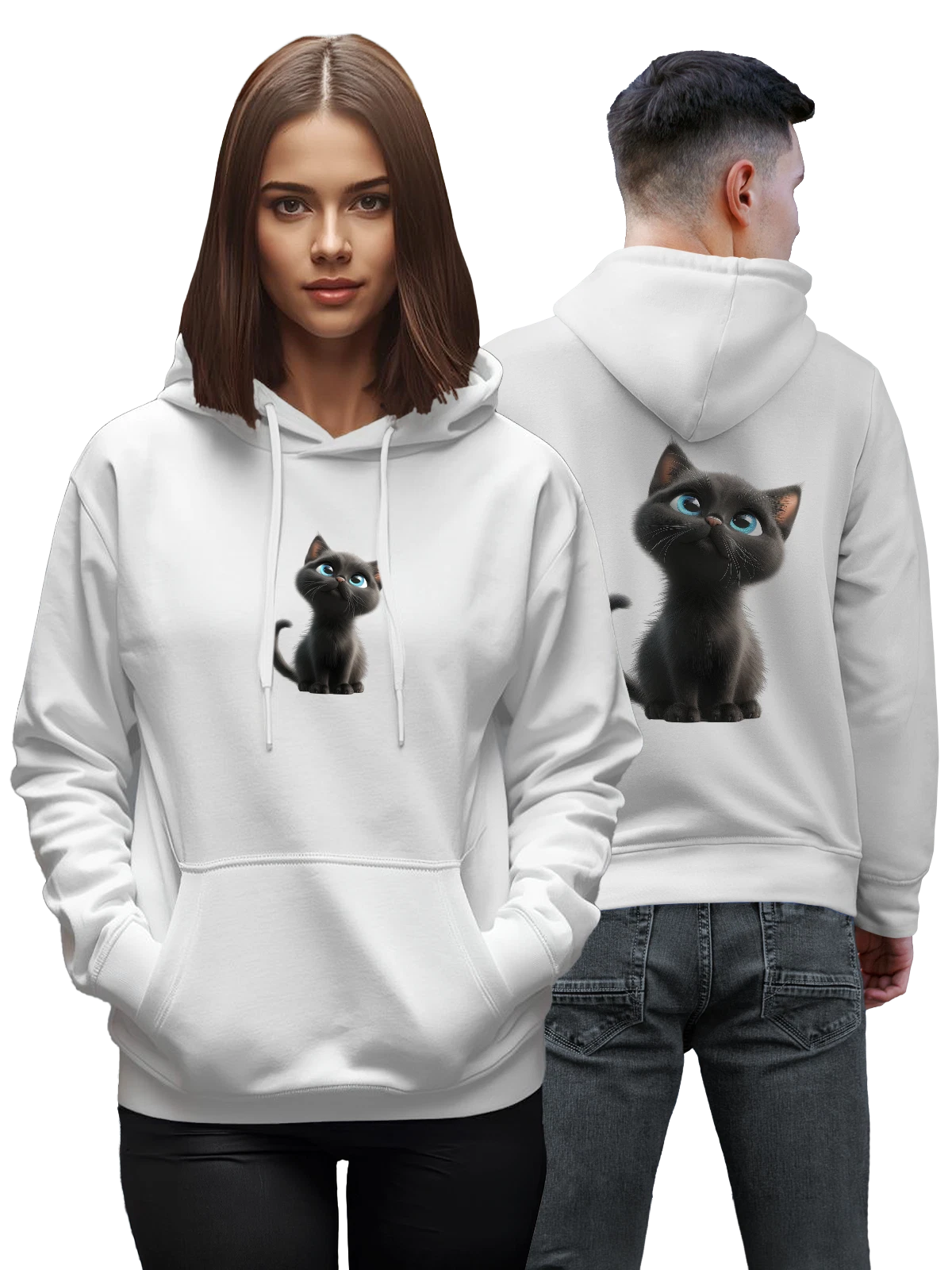 Худи Черный котенок с голубыми глазами белое с принтом — кошка — Белая, фото 1