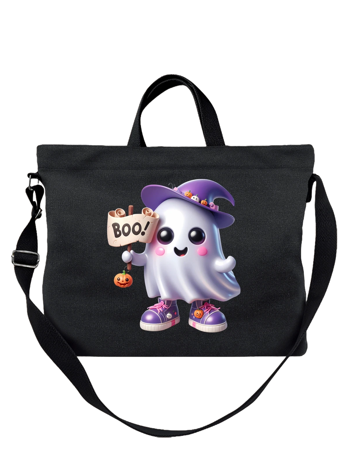 Сумка Милый призрак в шляпе с табличкой BOO чёрная с принтом — boo — Чёрная, фото 1