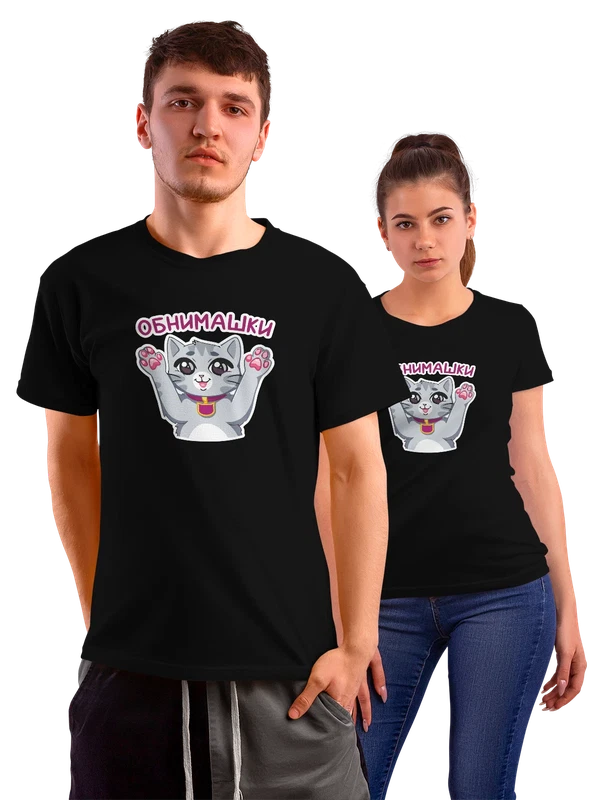 Футболка с котиком Табби обнимашки — Чёрная, фото 1