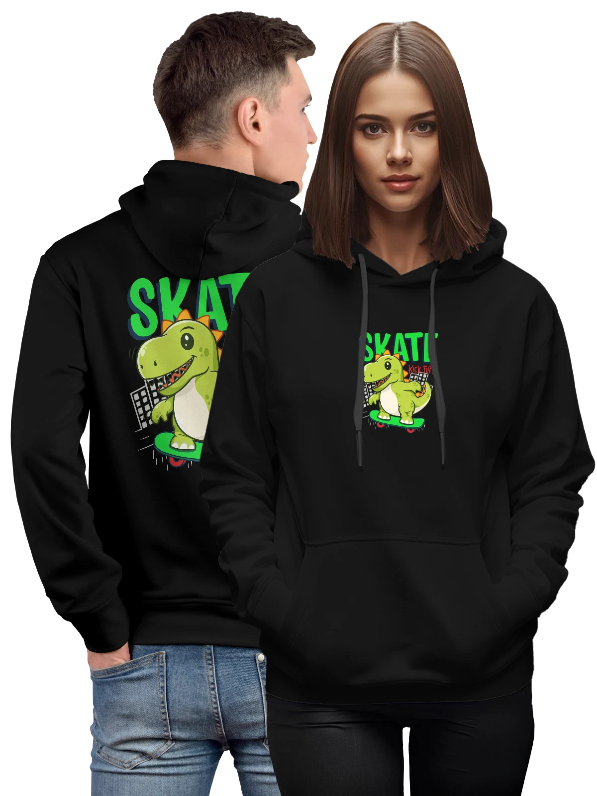 Худи Динозавр skate чёрное с принтом — подарок любителю динозавров — Чёрная, фото 1