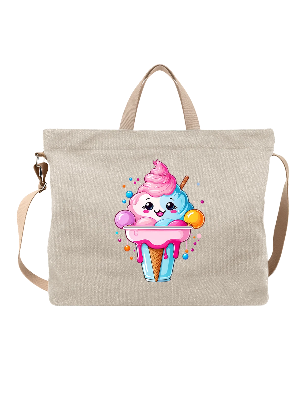 Сумка бежевая с принтом Мороженое в вафельном рожке с улыбкой — sweet treat — Бежевая, фото 1