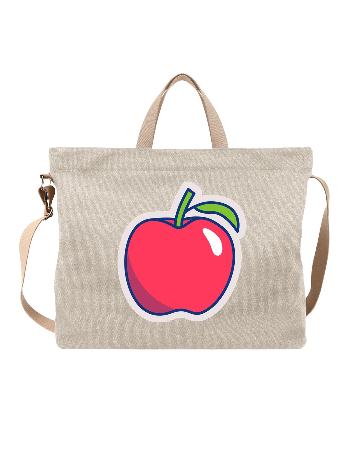 Сумка бежевая с принтом с красным яблоком и зелёным листом — red apple — Бежевая, фото 1