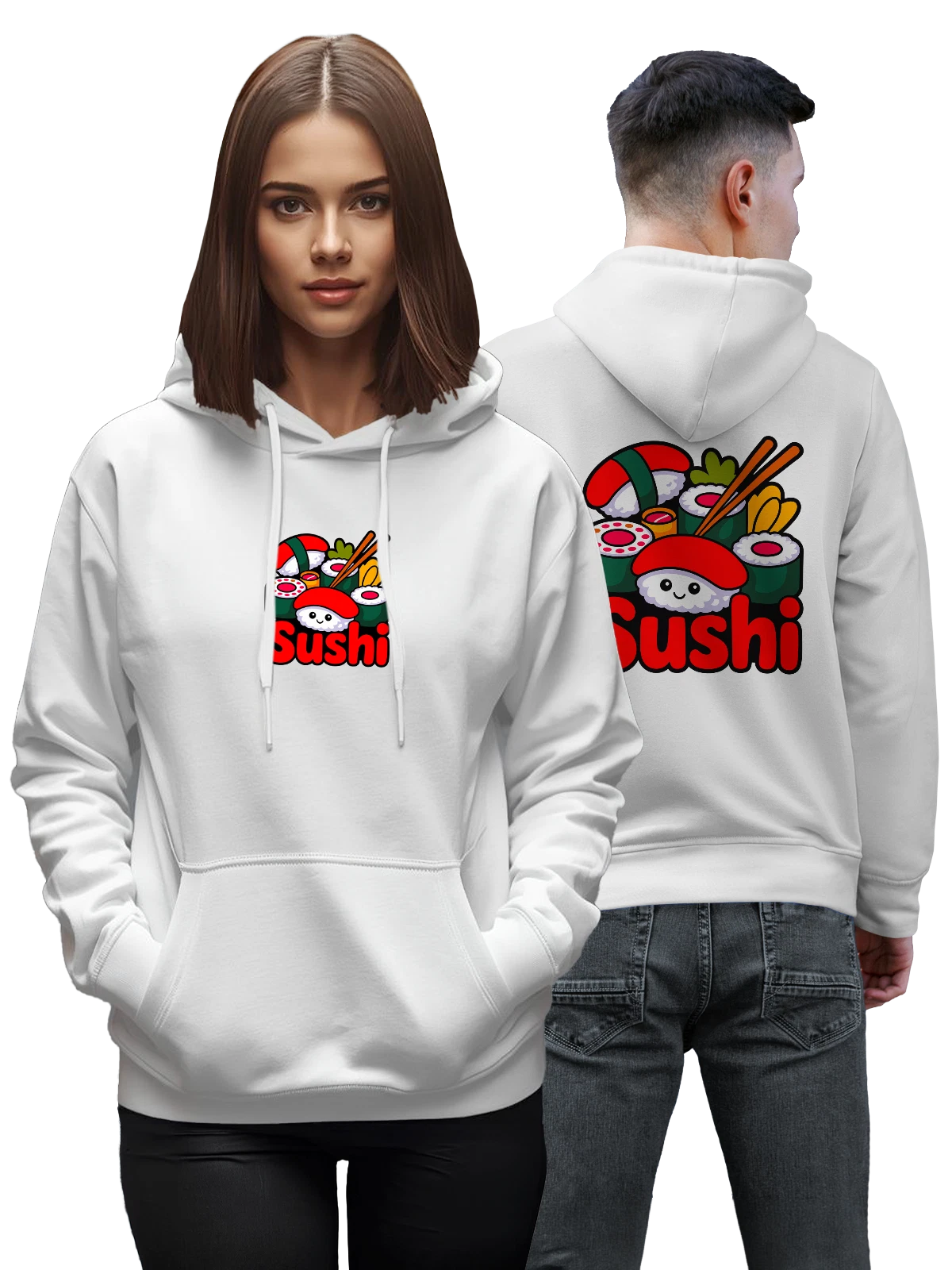 Худи Sushi суши роллы с улыбкой и палочками белое с принтом — соевый соус — Белая, фото 1