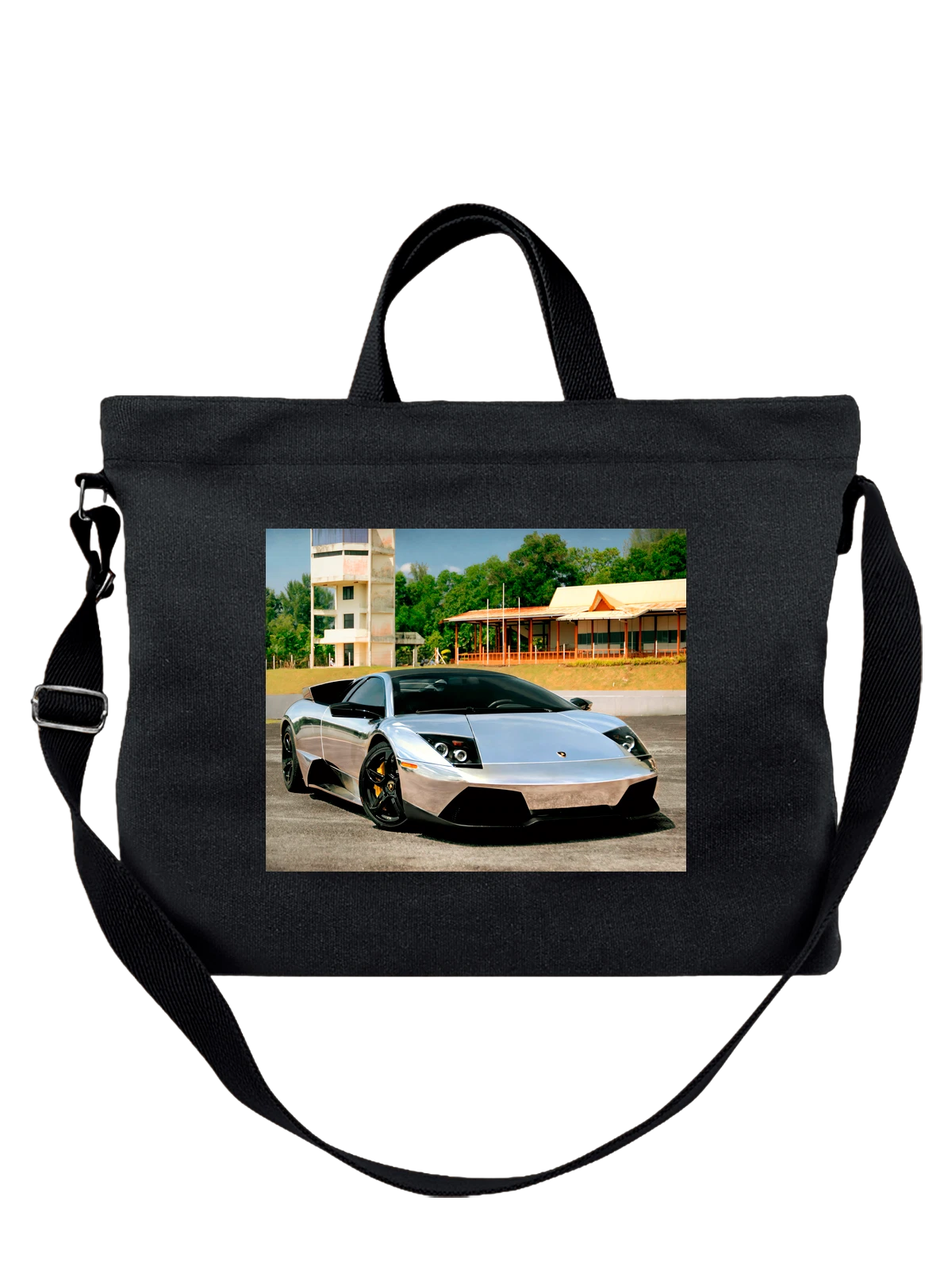 Сумка чёрная с принтом Машина серебристый lamborghini — мощный двигатель — Чёрная, фото 1