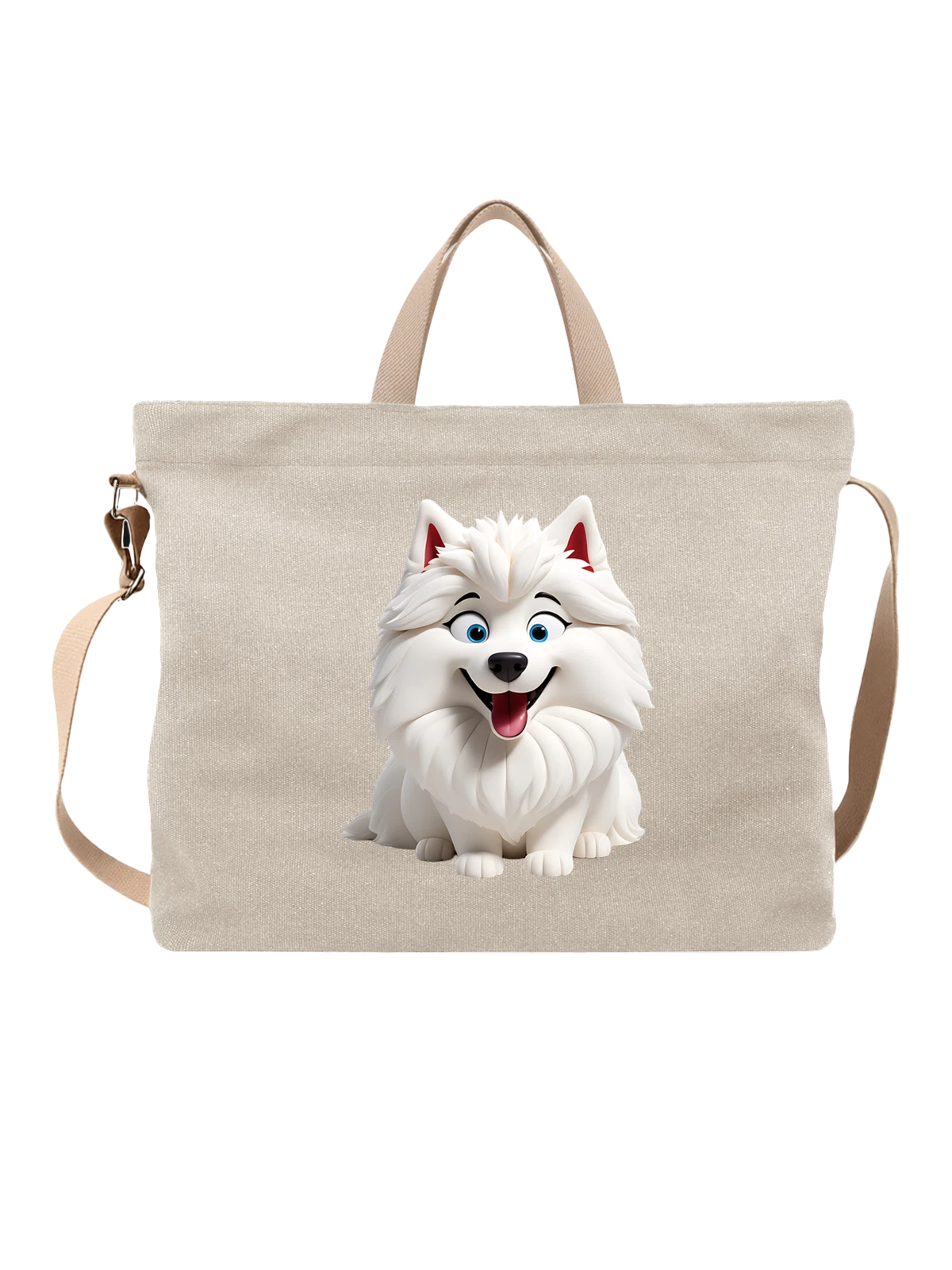 Сумка Белый померанский шпиц с голубыми глазами белая с принтом — открытая пасть — Белая, фото 1