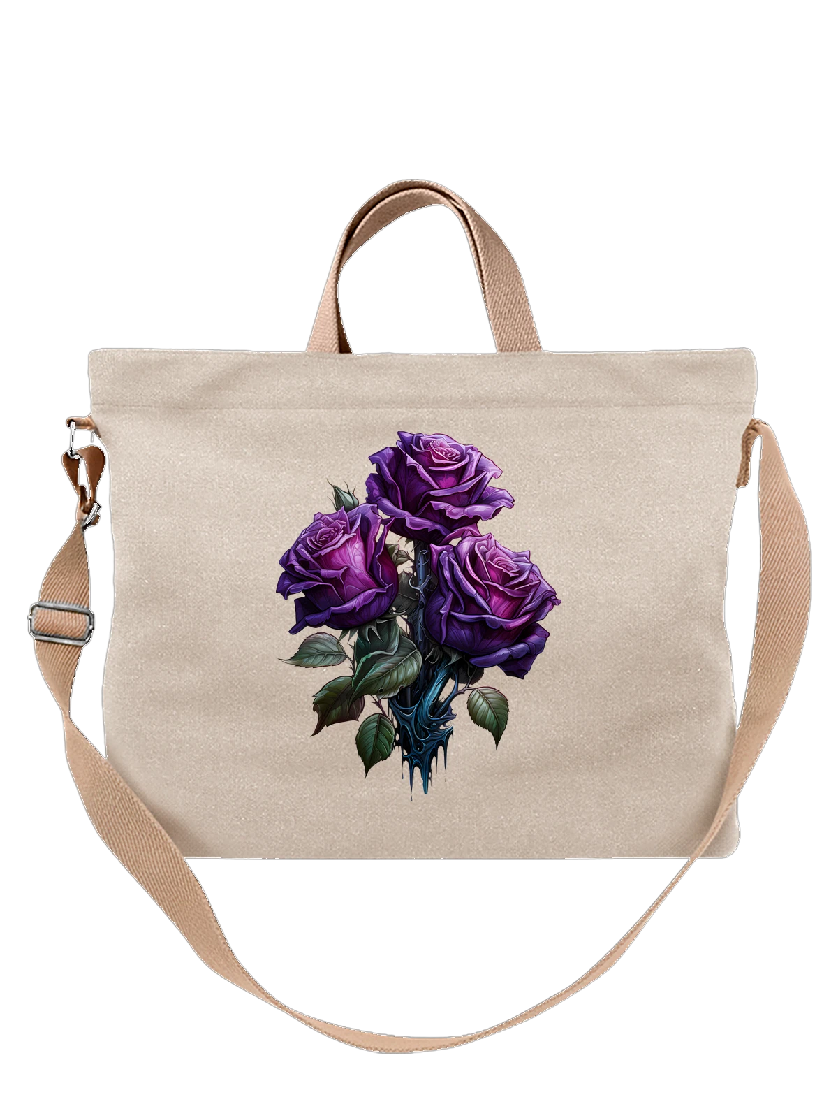 Сумка бежевая с принтом с purple roses фиолетовых роз — rose petals — Бежевая, фото 1