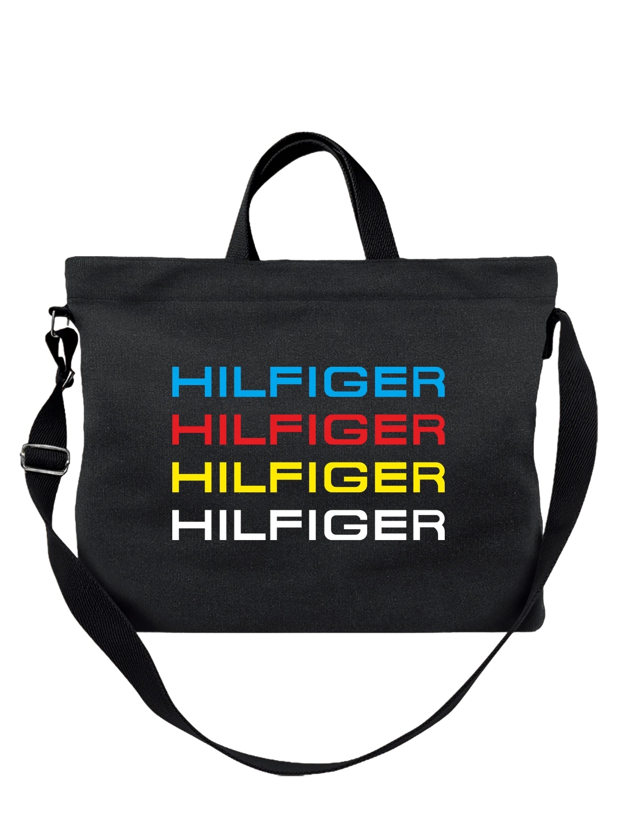 Сумка чёрная с принтом Tommy Hilfiger крупный логотип в цветных полосах — фирменный стиль — Чёрная, фото 1