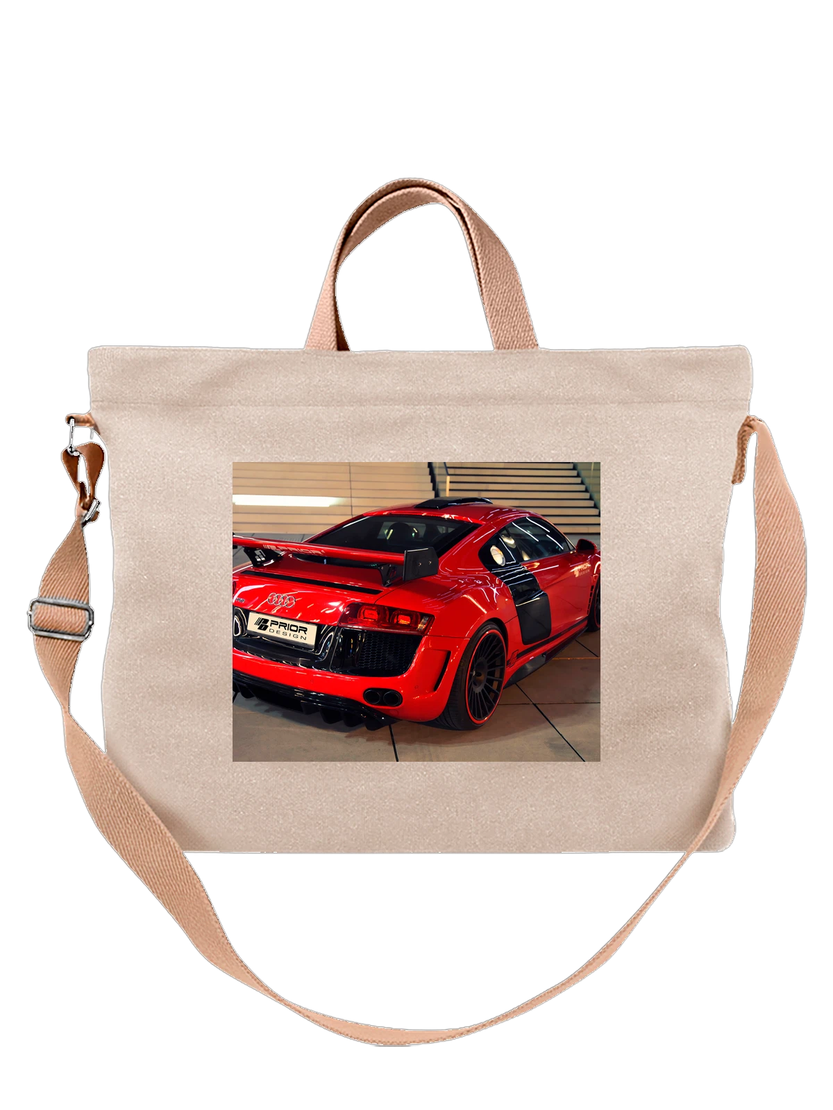 Сумка бежевая с принтом Машина Audi R8 — мощный двигатель — Бежевая, фото 1