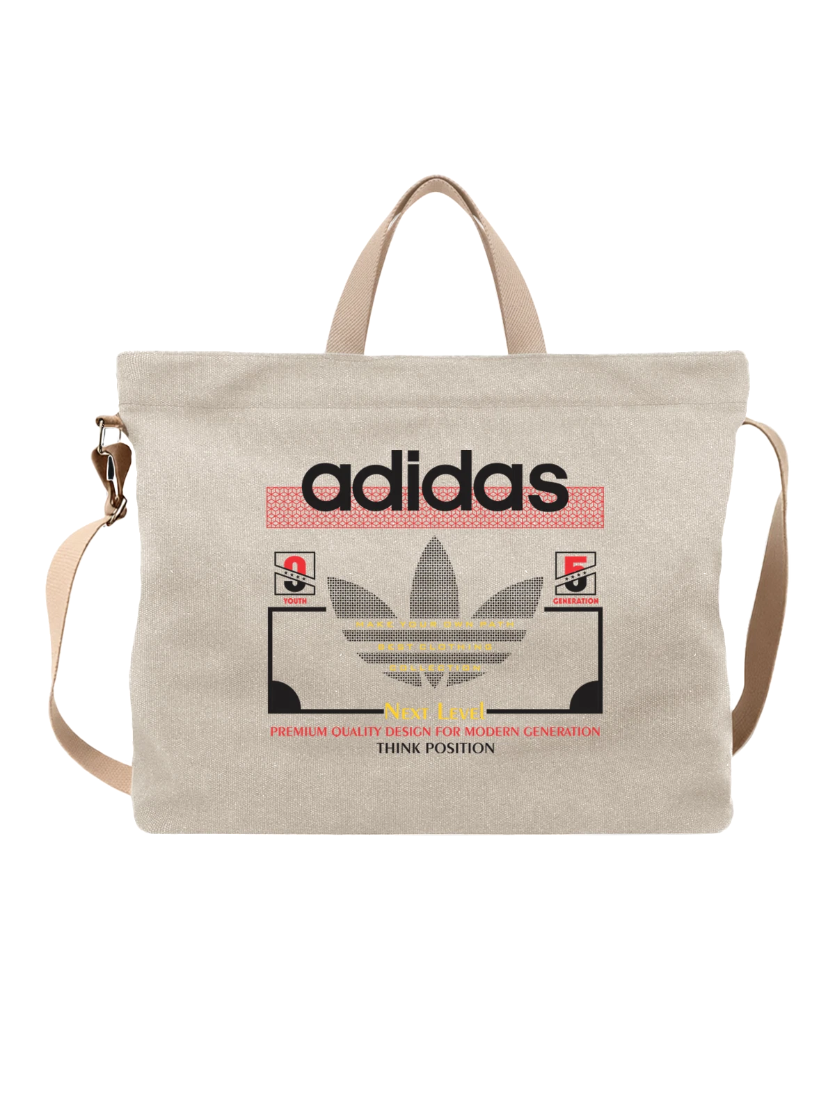 Сумка Adidas: черный логотип на красном фоне белая с принтом — черный знак — Белая, фото 1