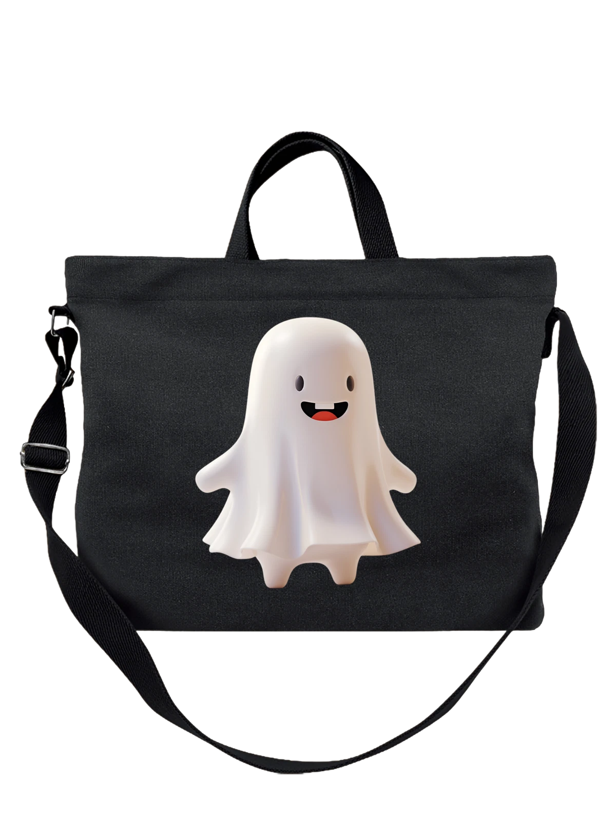 Сумка чёрная с принтом Милый белый призрак с улыбкой и руками — halloween ghost — Чёрная, фото 1
