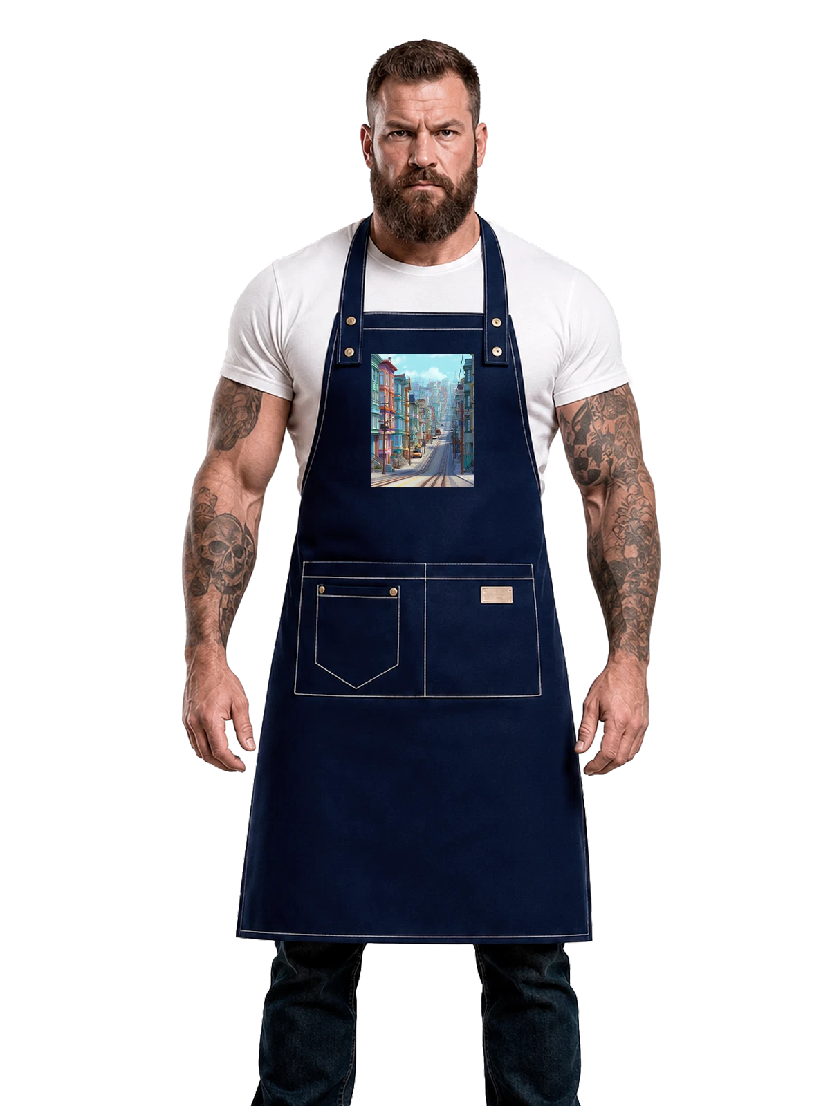 Фартук синий с принтом Городской трамвайный пейзаж Сан-Франциско — трамвай — Синяя, фото 1