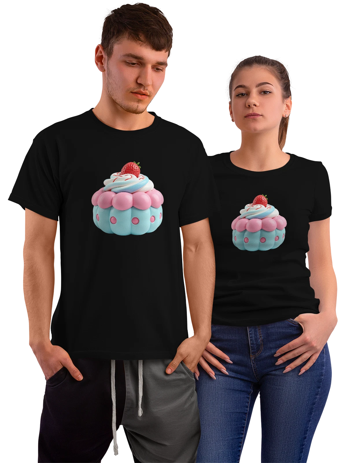 Футболка с кексом, клубникой и кремовой глазурью чёрная с принтом — strawberry — Чёрная, фото 1