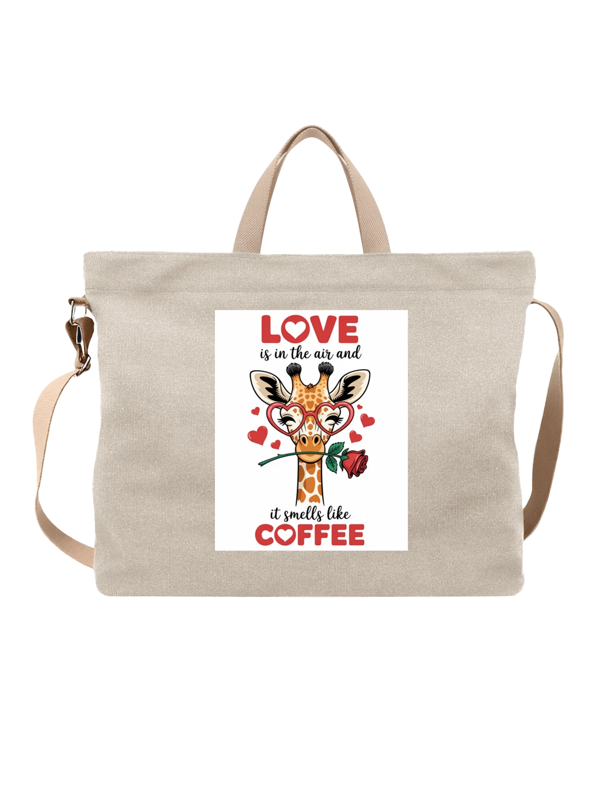 Сумка бежевая с принтом Жираф в очках с розой и сердцами coffee — надпись love — Бежевая, фото 1