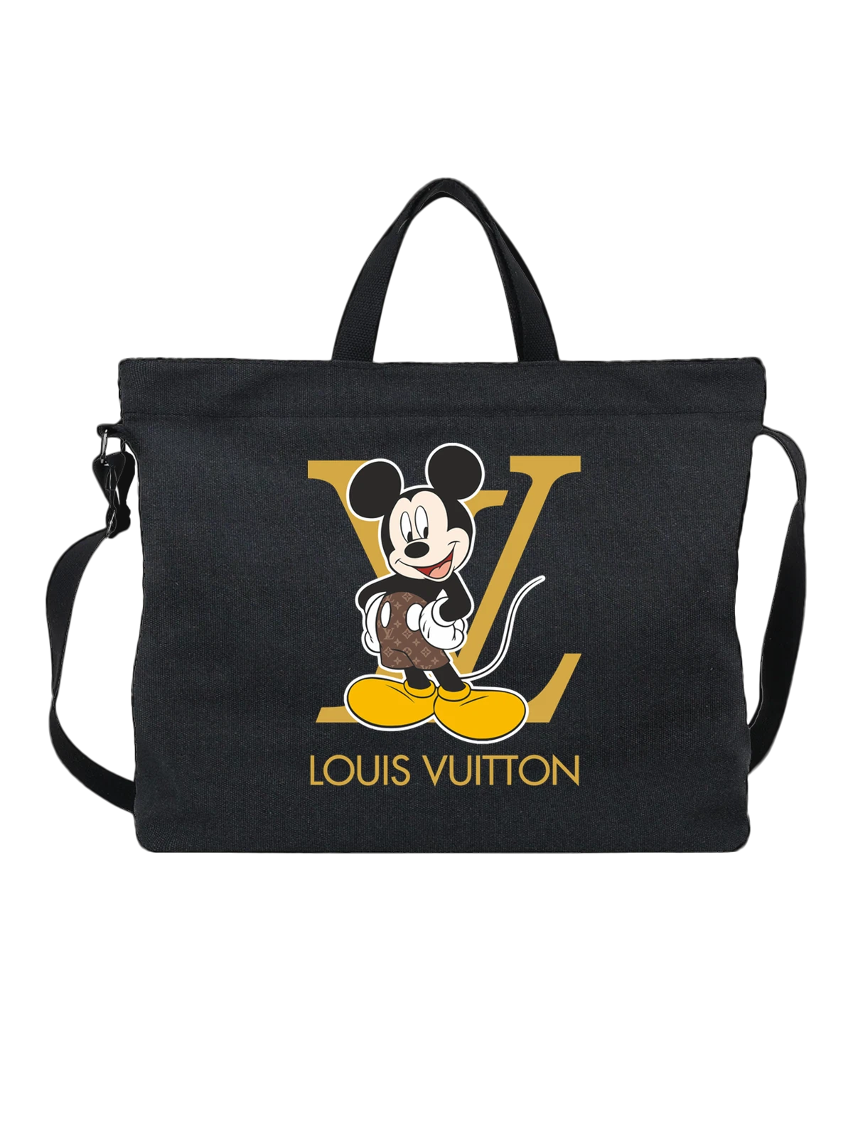Сумка чёрная с принтом Микки Маус Louis Vuitton с логотипом — большие желтые ботинки — Чёрная, фото 1